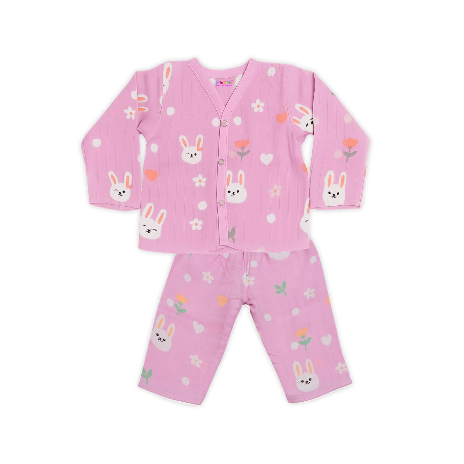 Pink children's pajama set with bunny patterns on a white background