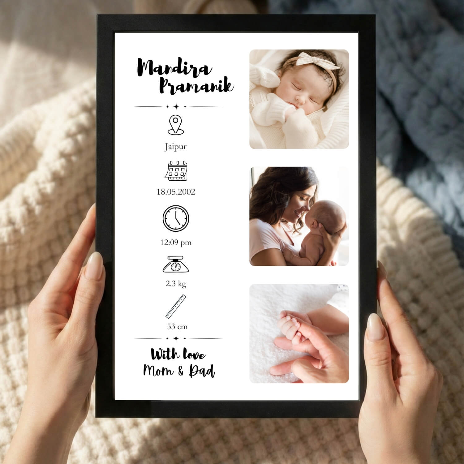 Personalized Baby Birth Details Photo Frame – Custom Name, Date, Time & Stats Print