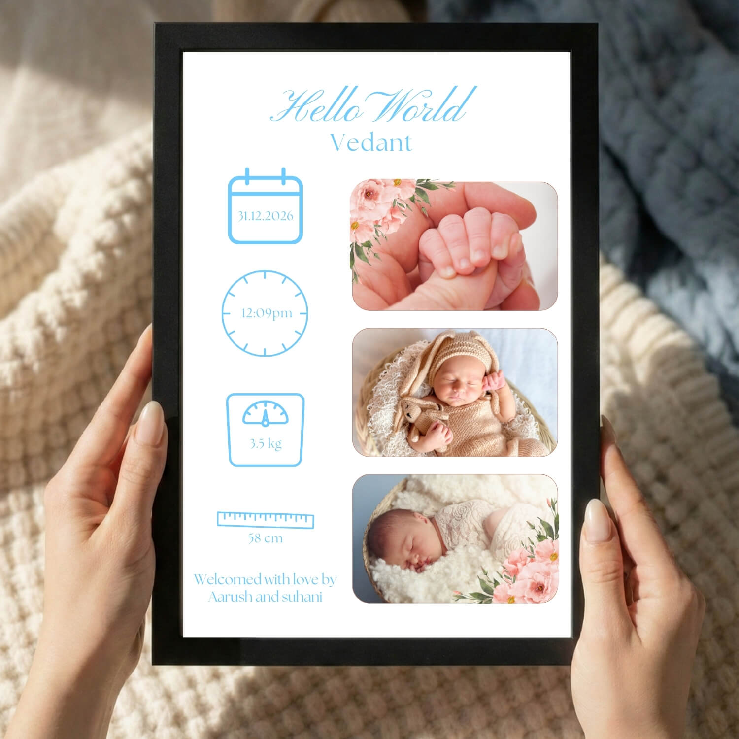 Blue Baby Birth Stats Frame – Personalized Newborn Photo Print