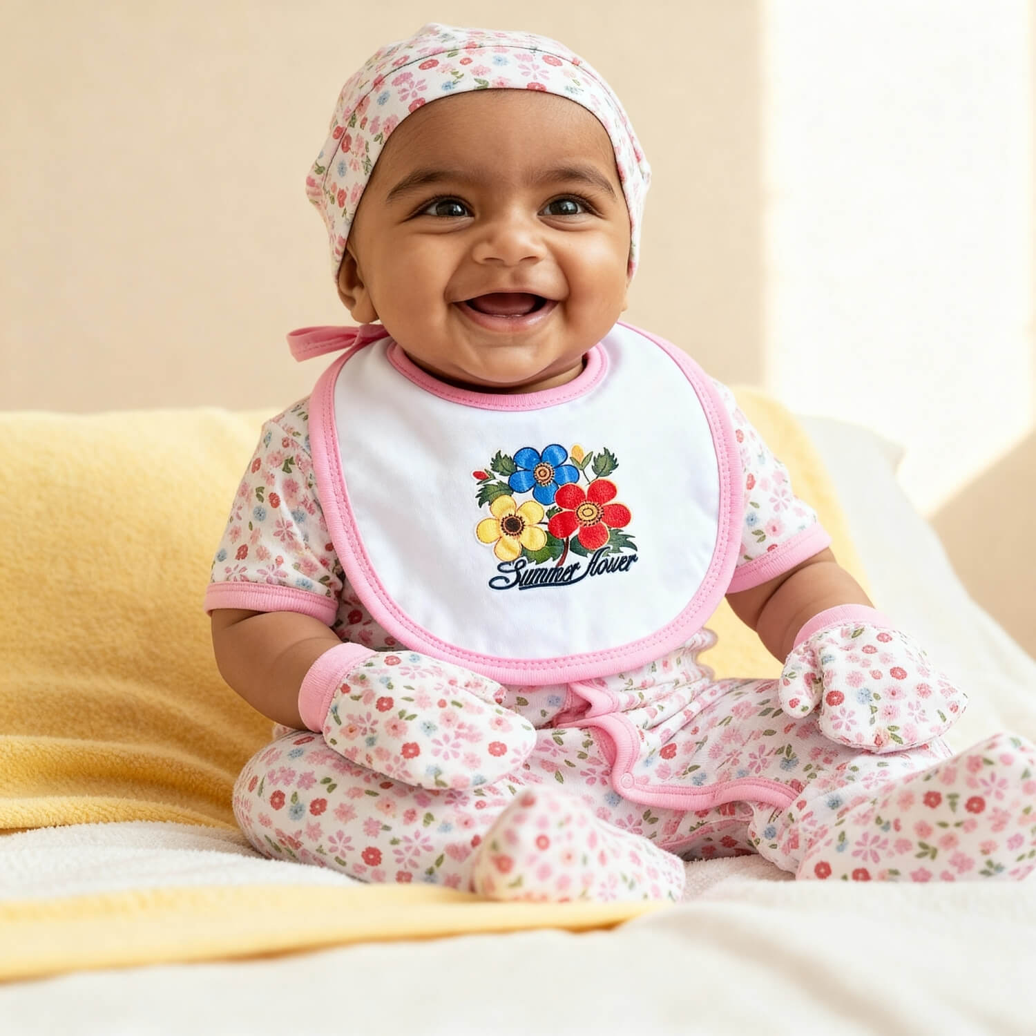 Cutetales Baby wearing a floral outfit with a colorful bib featuring flowers and text, sitting on a yellow blanket.