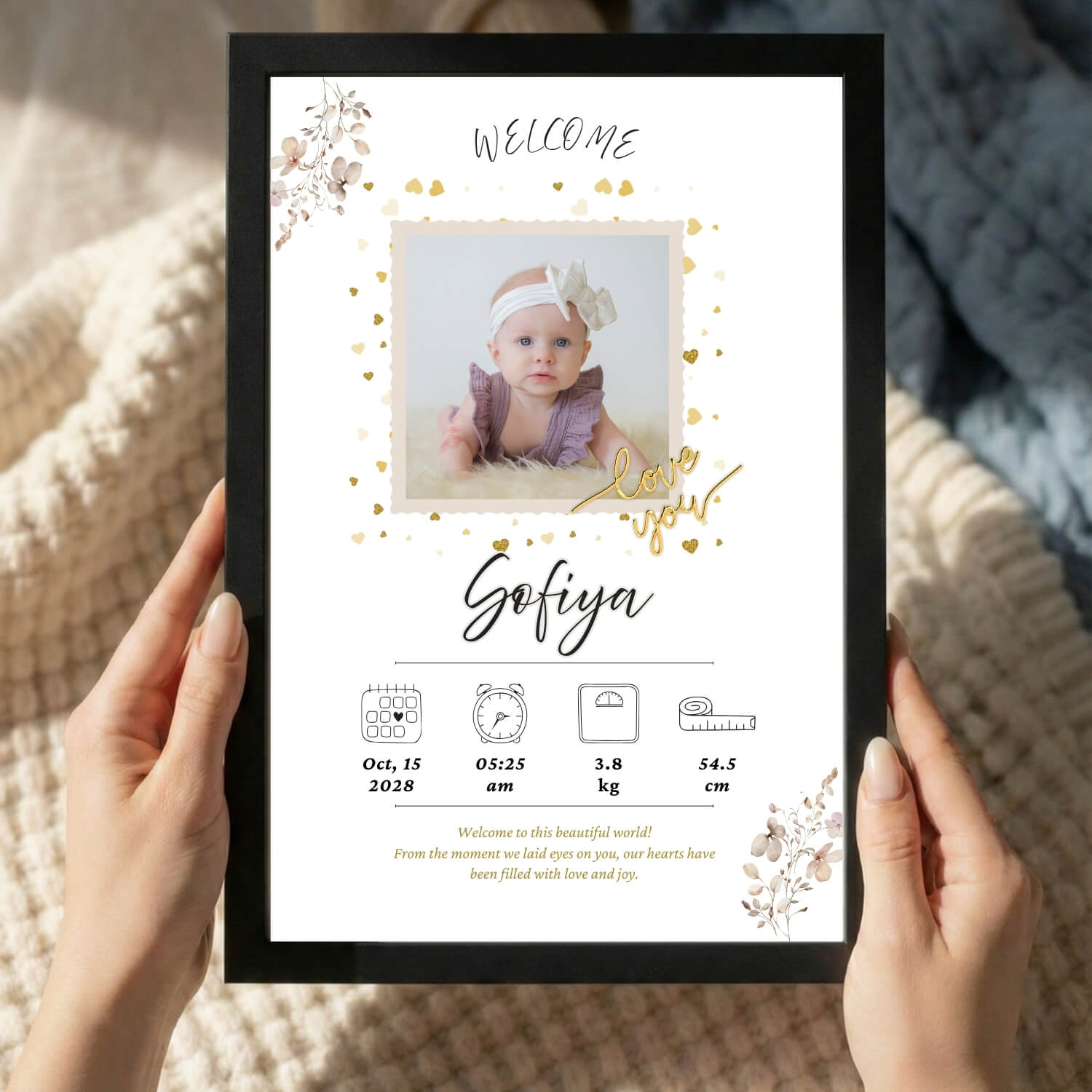 Luxury Welcome Baby Frame – Personalized Newborn Photo Print with Gold Accents