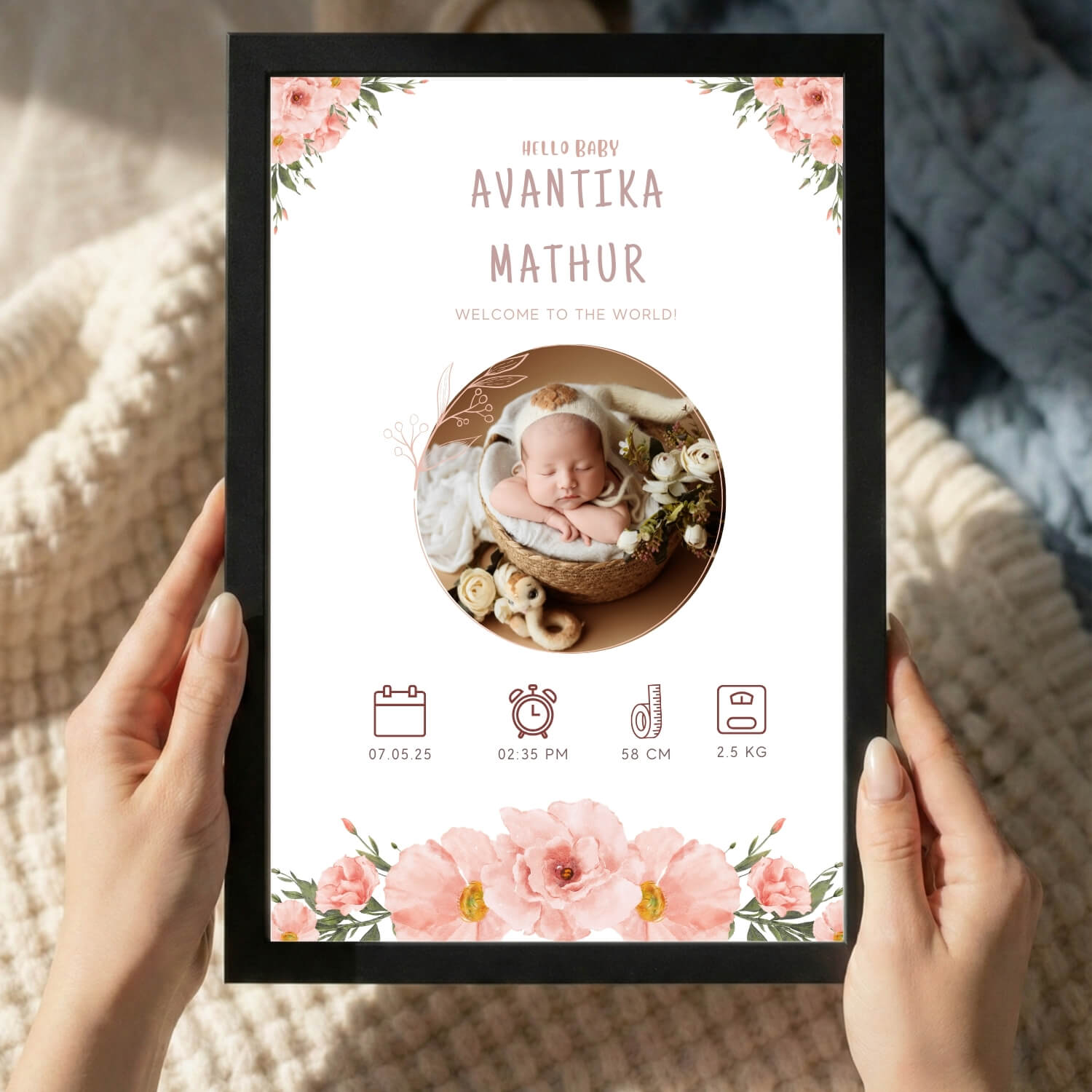 Floral Baby Girl Birth Announcement Frame – Personalized Newborn Print