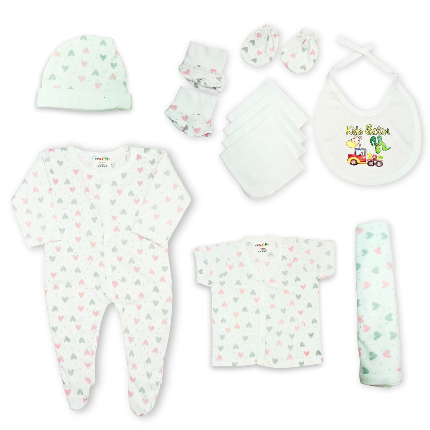Cutetales Collection of baby clothing and accessories on a white background