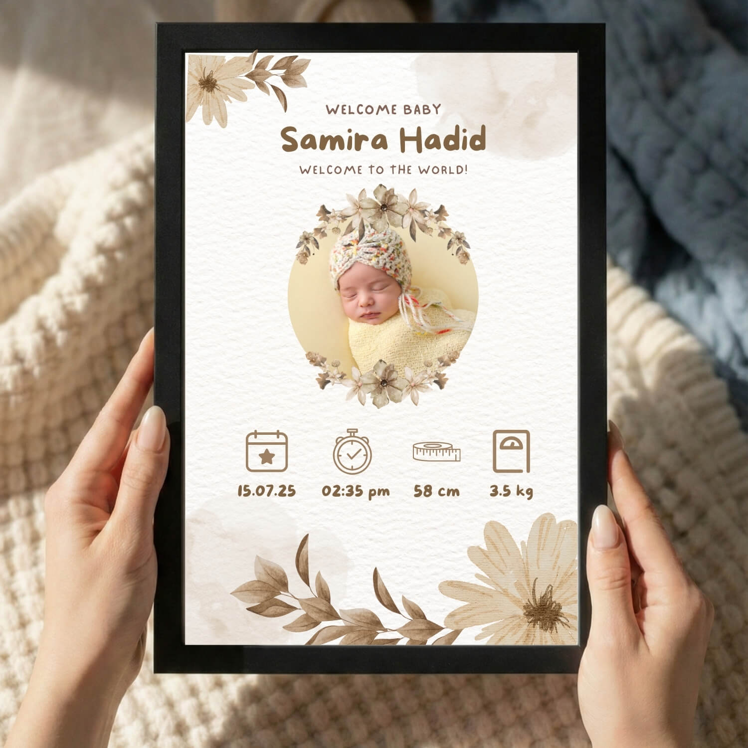 Vintage Neutral Baby Birth Announcement Frame – Custom Newborn Print