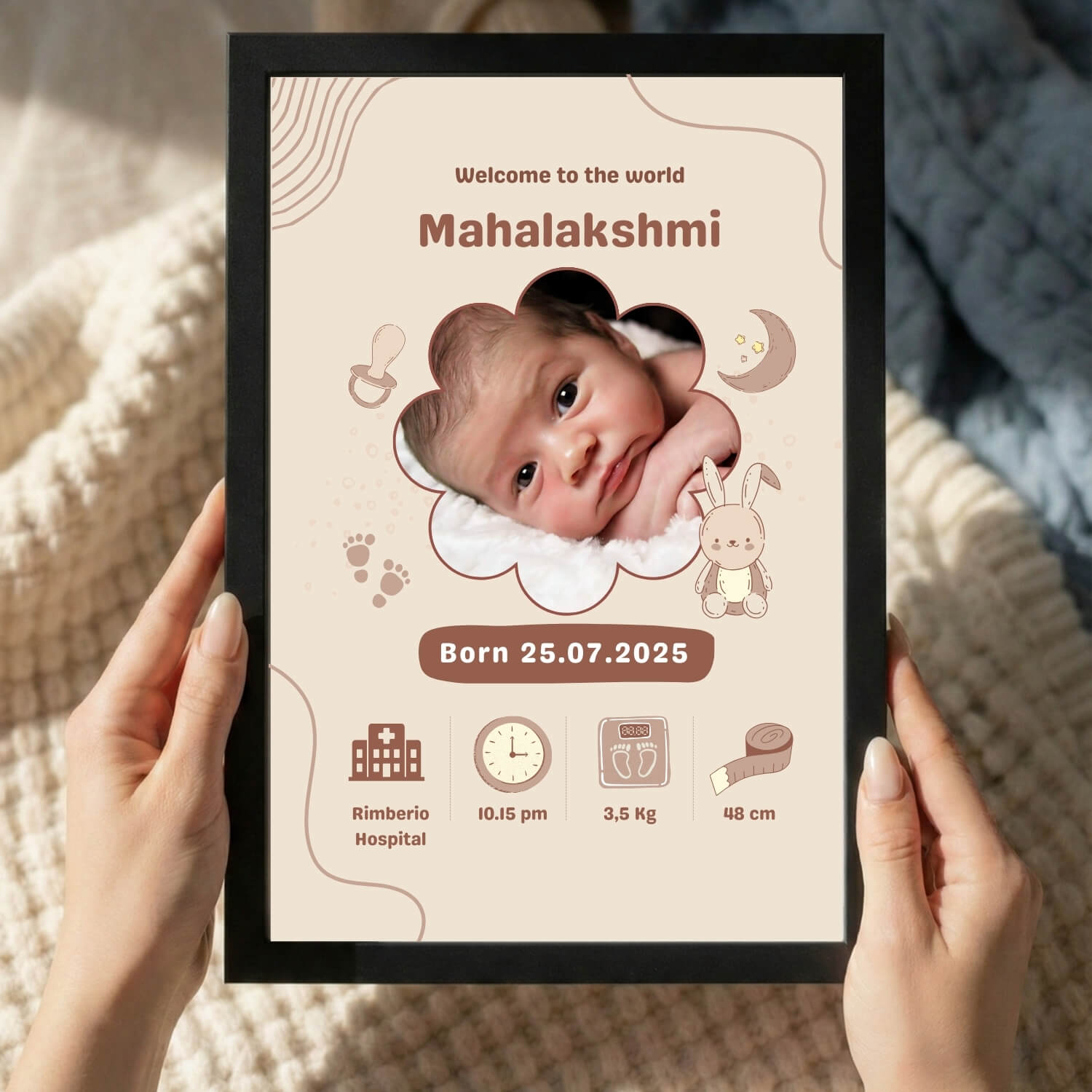 Cute Baby Birth Announcement Frame – Custom Newborn Photo & Stats Print