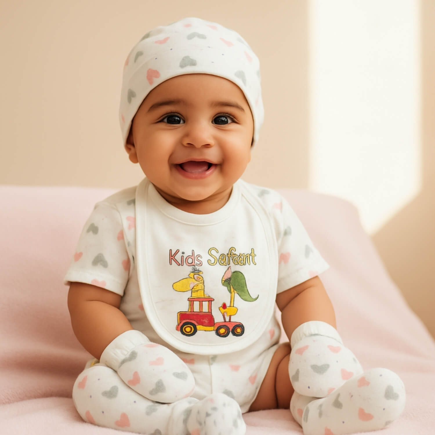 Cutetales Baby wearing a 'Kids Safari' outfit with a bib, sitting on a pink surface.