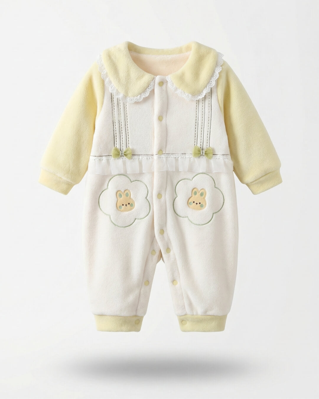 Baby romper with floral designs on a white background