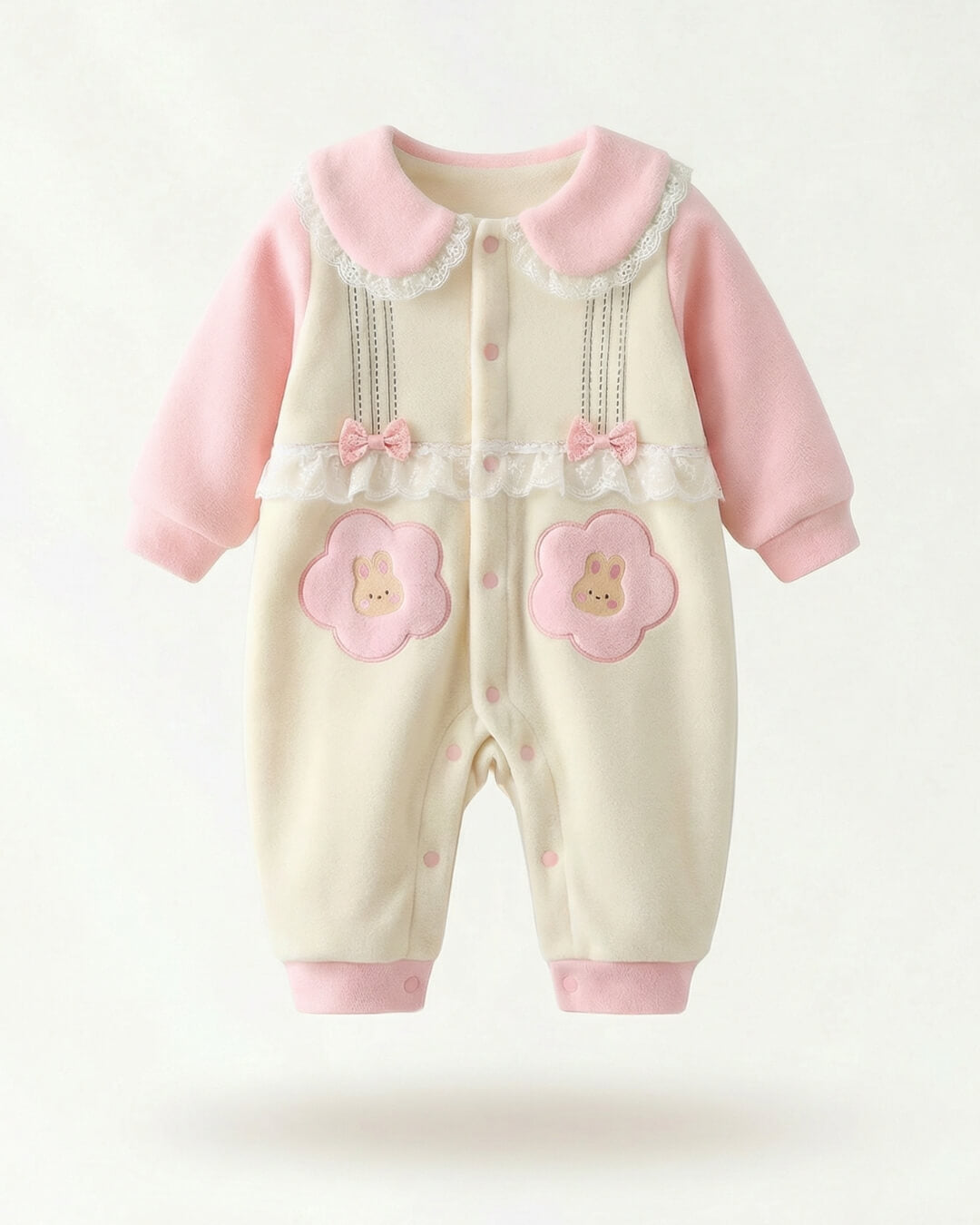 Baby romper with pink accents and floral designs on a white background
