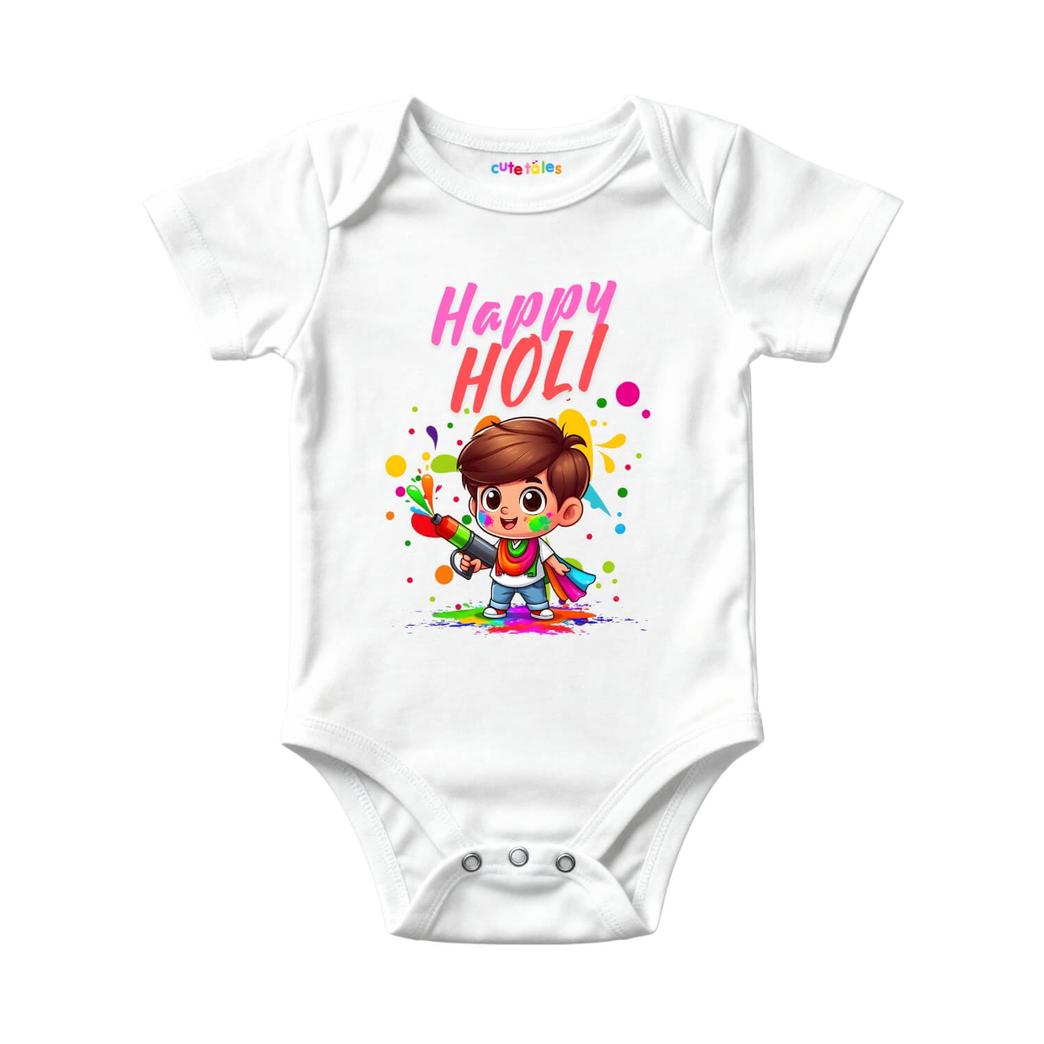 White baby onesie with a colorful design of a child holding colors and 'Happy Holi!' text on a white background.