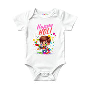 White baby onesie with a colorful design of a child holding colors and 'Happy Holi!' text on a white background.