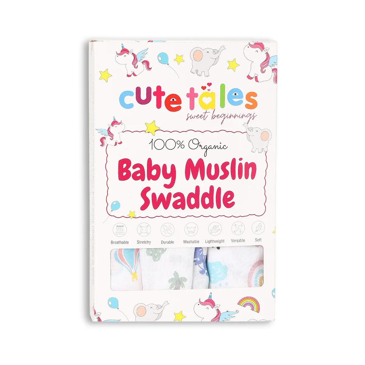 Package of 'Cute Tales' baby muslin swaddle with colorful designs on a white background