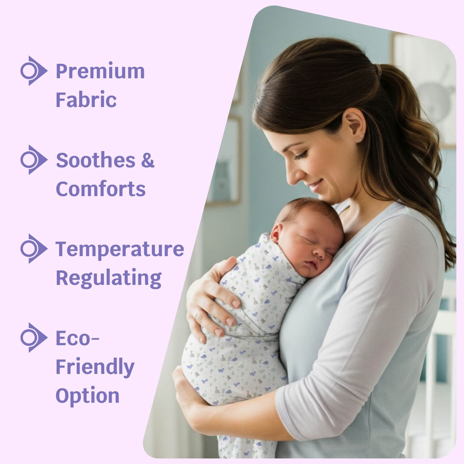 Cutetales Woman holding a baby wrapped in a swaddle with text about fabric properties on a light purple background