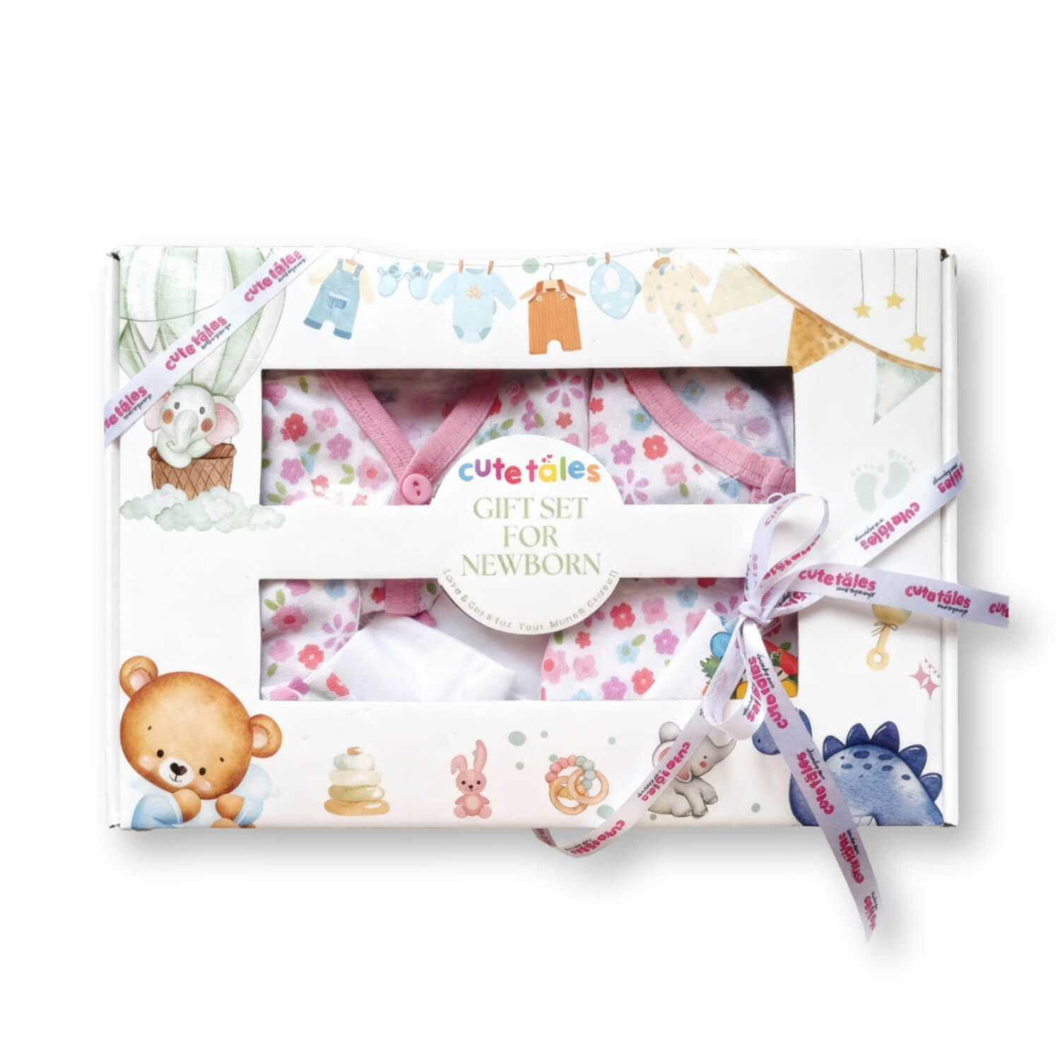 Cutetales Baby gift set with floral patterns and cartoon characters in a decorative box.