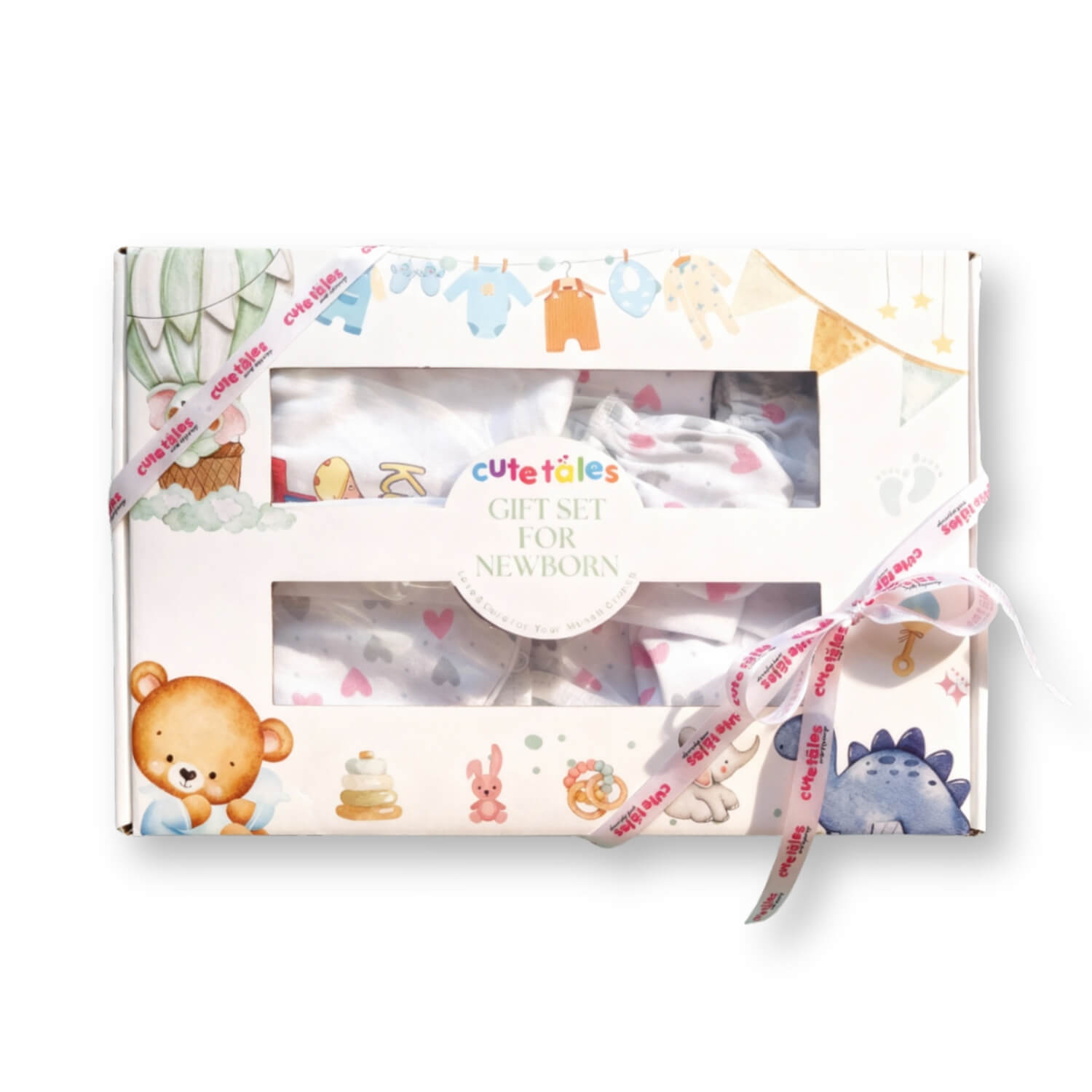 Cutetales Baby gift set with clothes and blankets in a decorative box, featuring cartoon illustrations.
