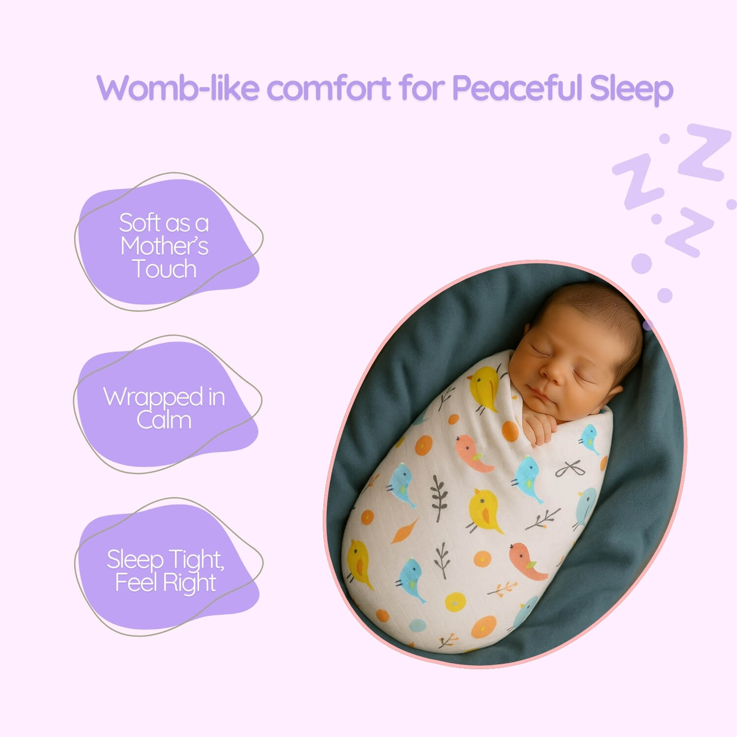 Cutetales Newborn baby wrapped in a swaddle with text about comfort and sleep on a light purple background.