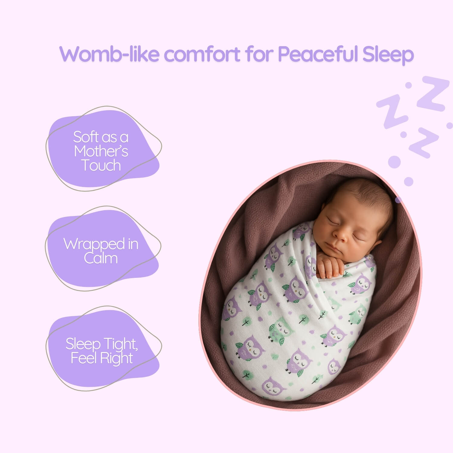 Cutetales Newborn baby swaddled in a soft blanket with text about comfort and sleep.