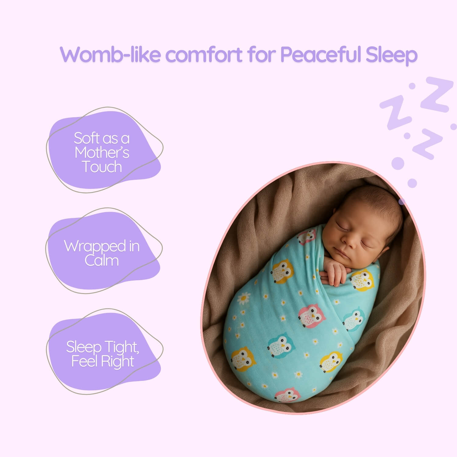 Cutetales Newborn baby swaddled in a blue blanket with cartoon animals on a pink background, featuring text about comfort and sleep.