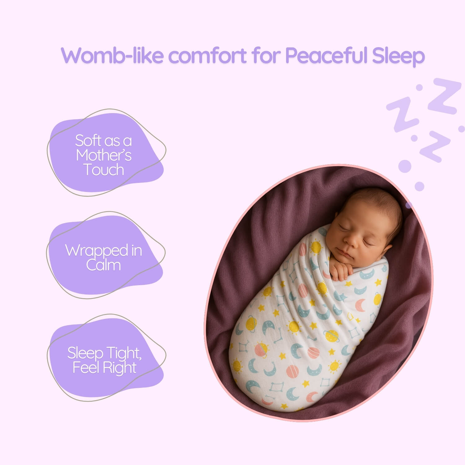 Cutetales Newborn baby wrapped in a swaddle with text about comfort and sleep on a light purple background.