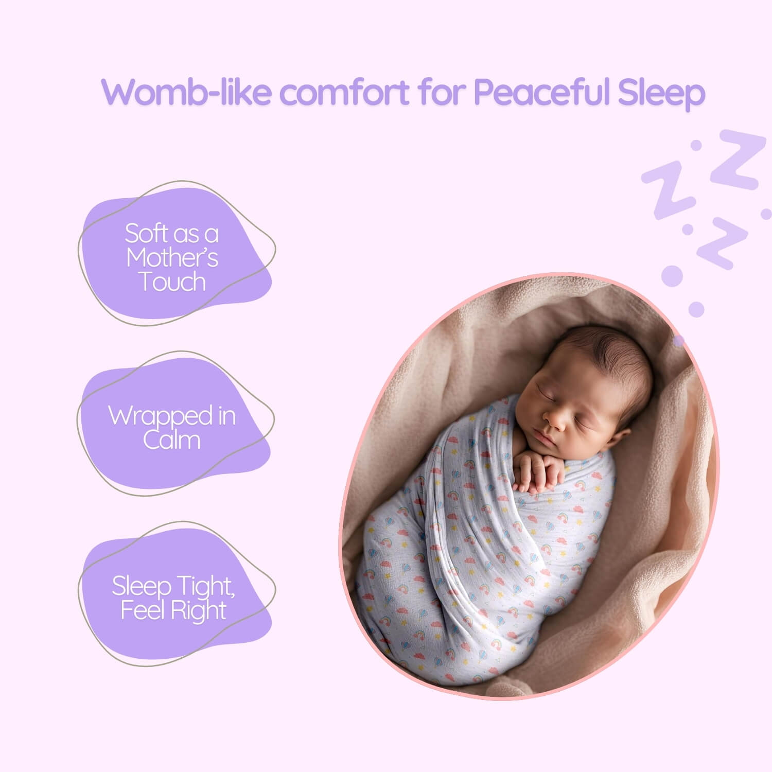 Cutetales Newborn baby wrapped in a swaddle with text about comfort and sleep on a light purple background.