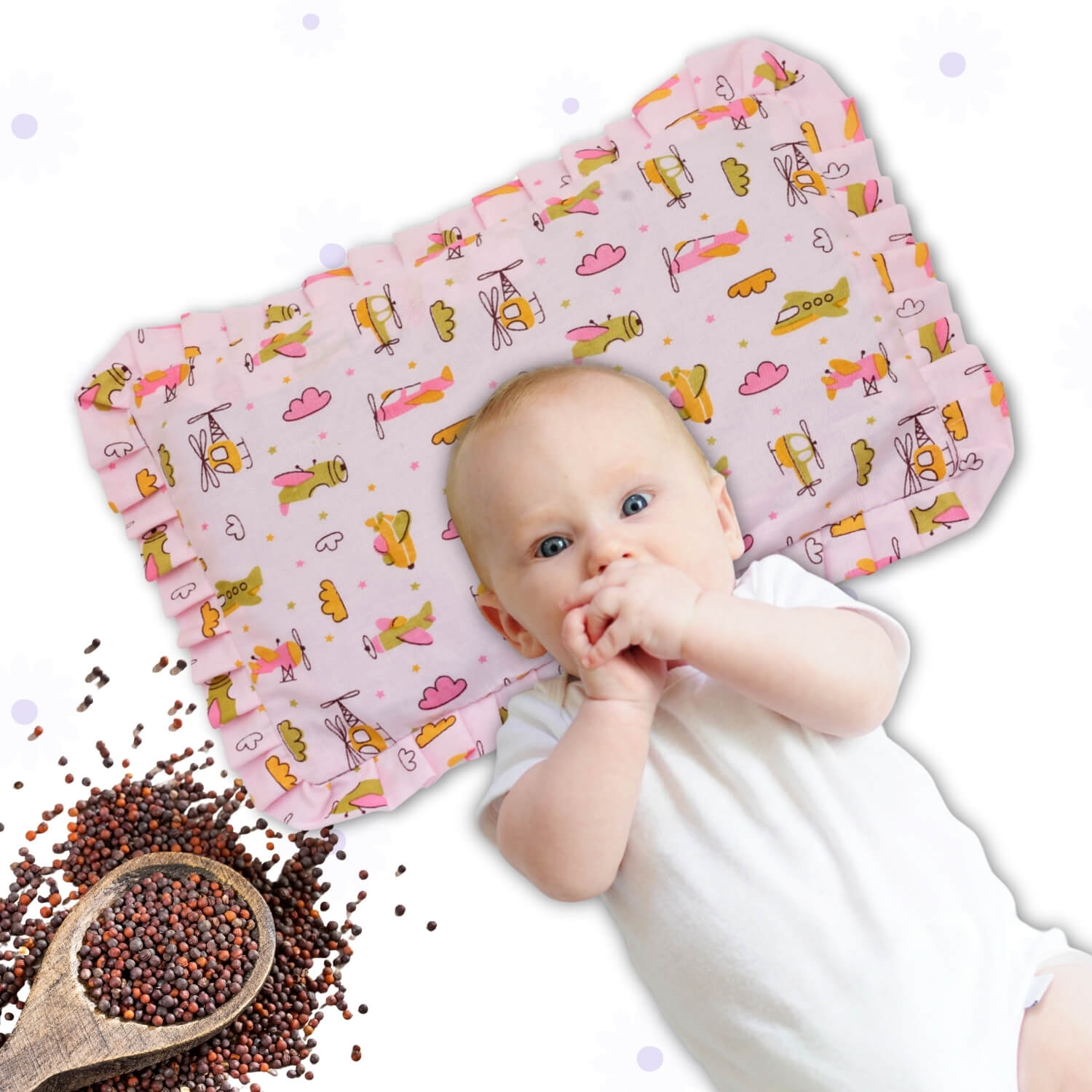 Baby Head Shaping Mustard Seed Pillow, 100% Cotton, Breathable Fabric