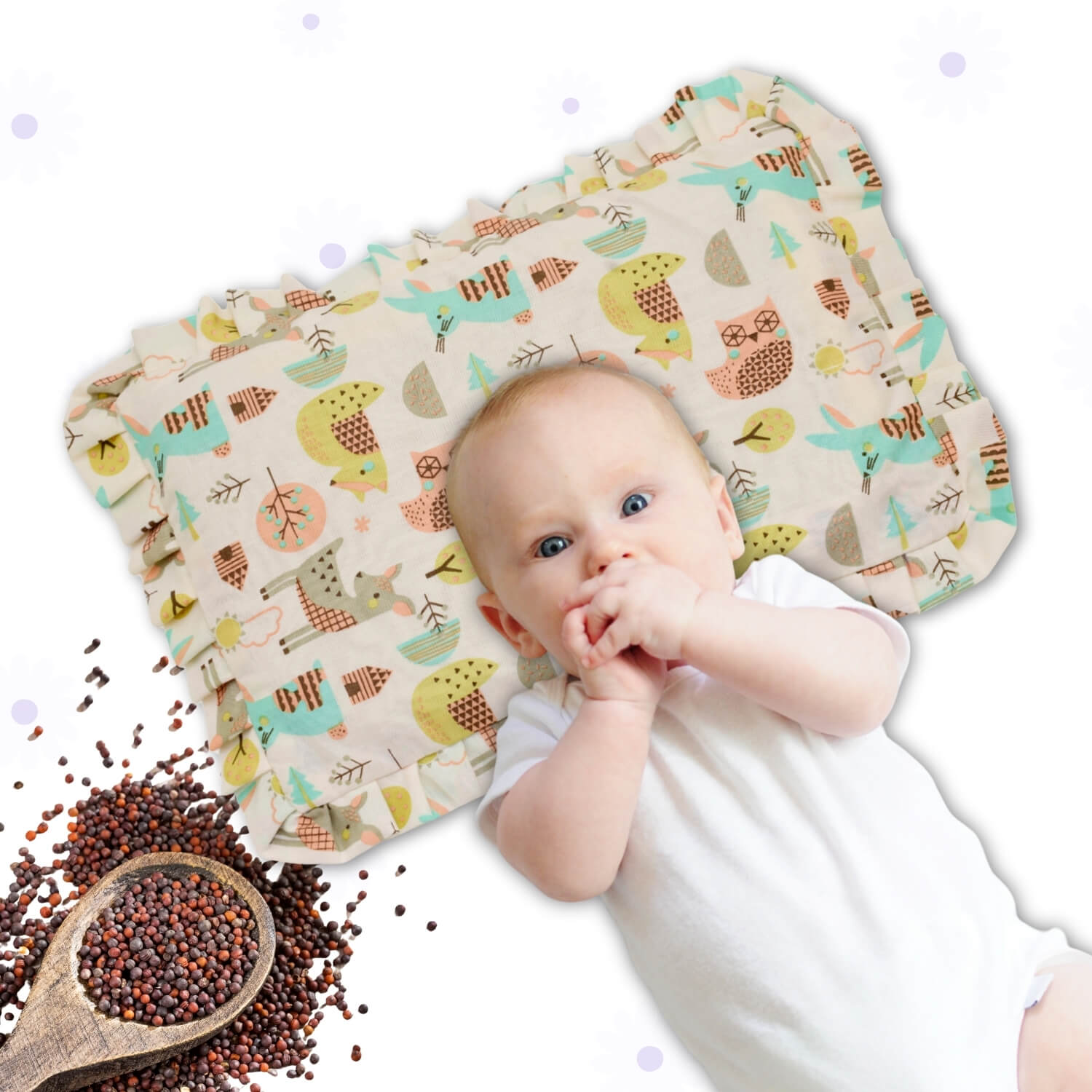 Baby Head Shaping Mustard Seed Pillow, 100% Cotton, Breathable Fabric