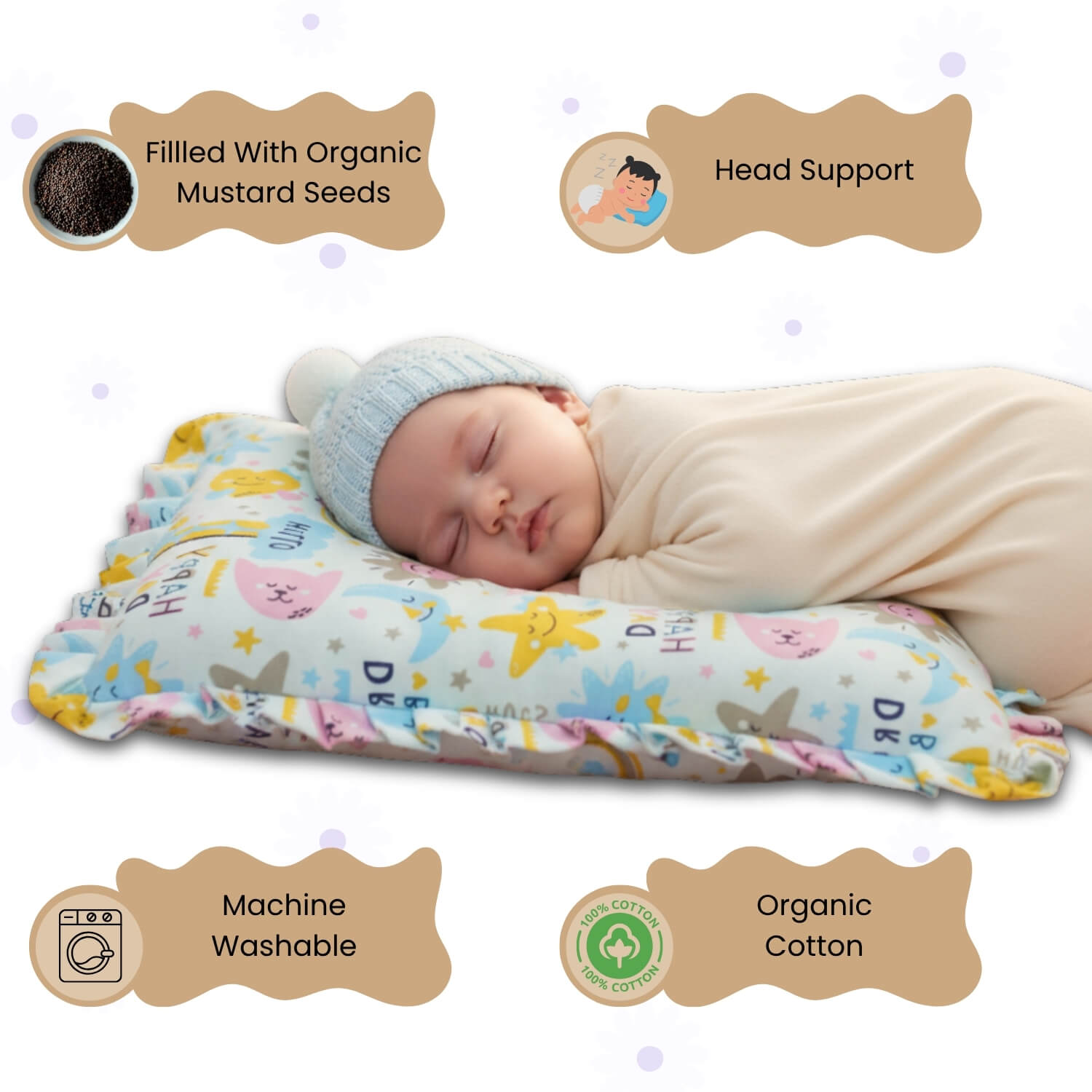 Baby Head Shaping Mustard Seed Pillow, 100% Cotton, Breathable Fabric