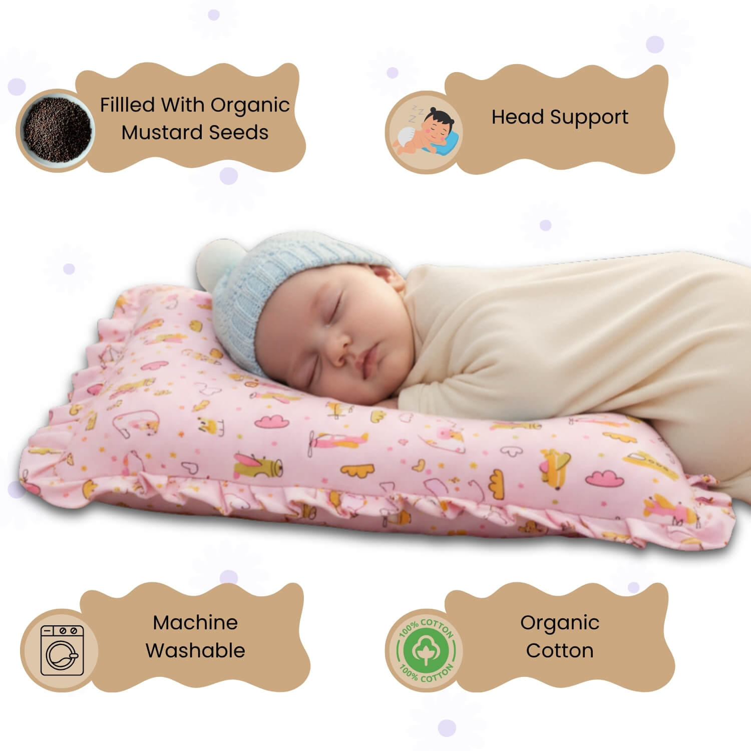 Baby Head Shaping Mustard Seed Pillow, 100% Cotton, Breathable Fabric