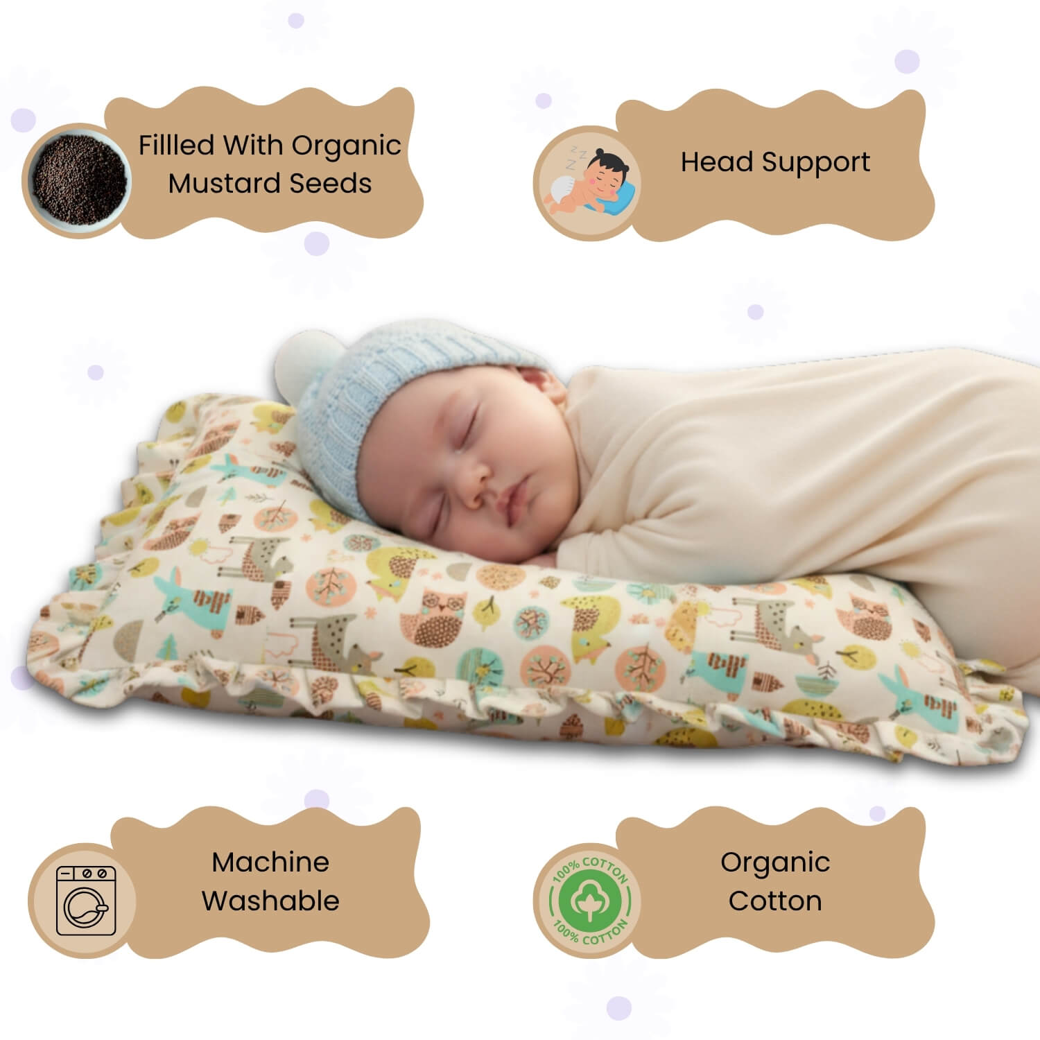 Baby Head Shaping Mustard Seed Pillow, 100% Cotton, Breathable Fabric