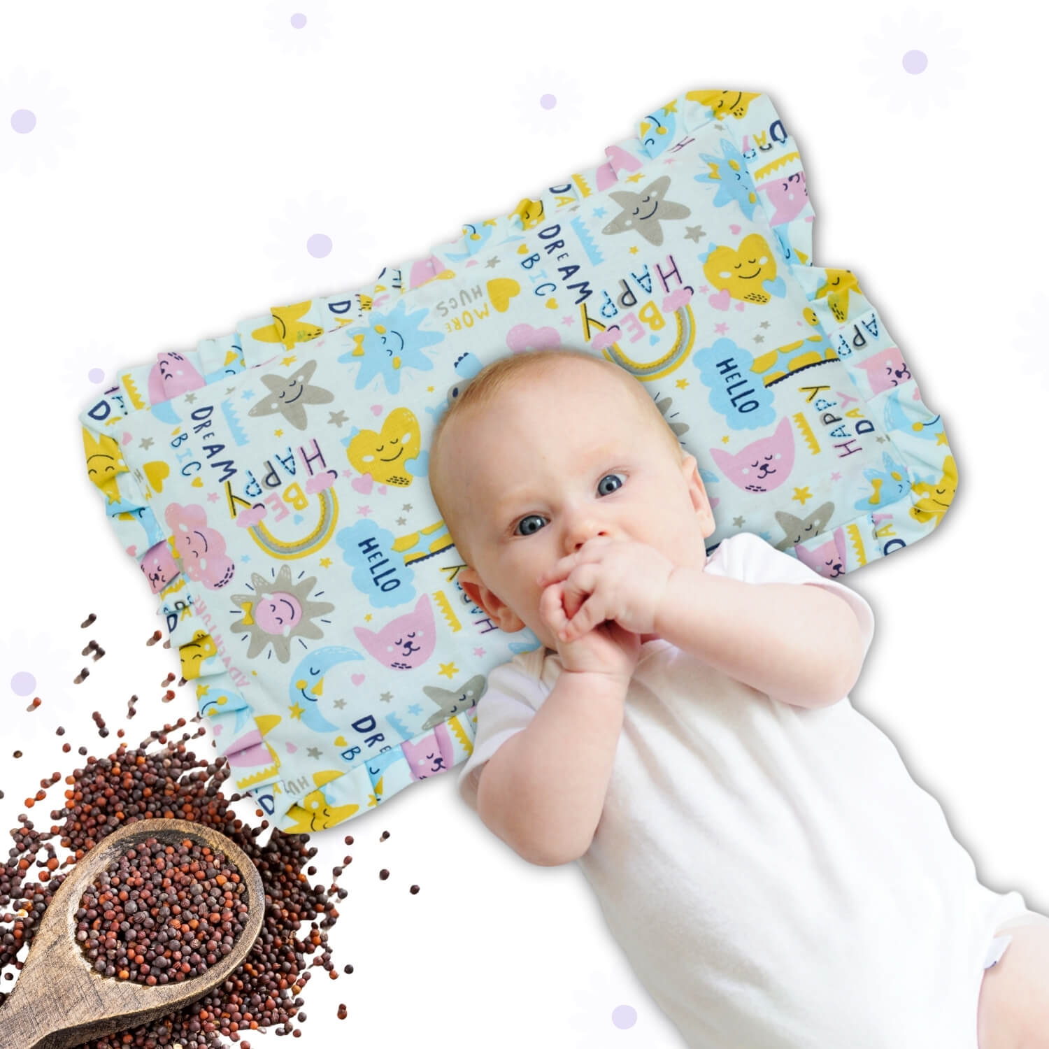 Baby Head Shaping Mustard Seed Pillow, 100% Cotton, Breathable Fabric