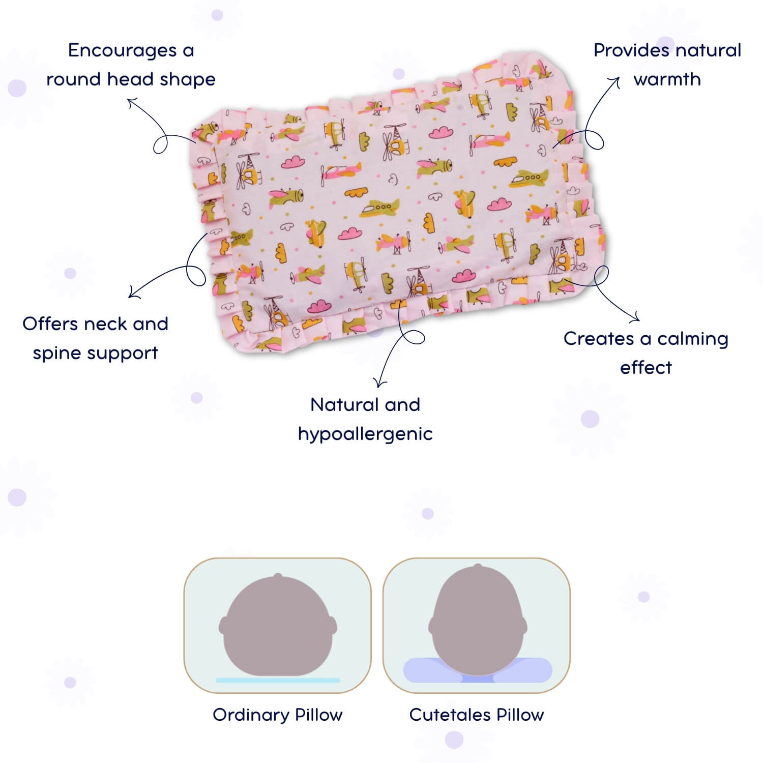 Baby Head Shaping Mustard Seed Pillow, 100% Cotton, Breathable Fabric