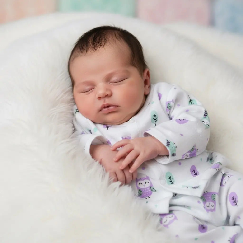 Newborn baby sleeping in a crib with owl-patterned pajamas