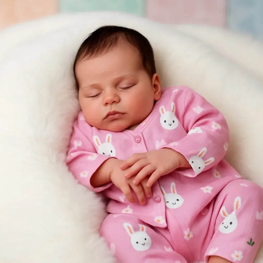 Newborn baby wearing pink pajamas with bunny patterns, lying on a white surface.