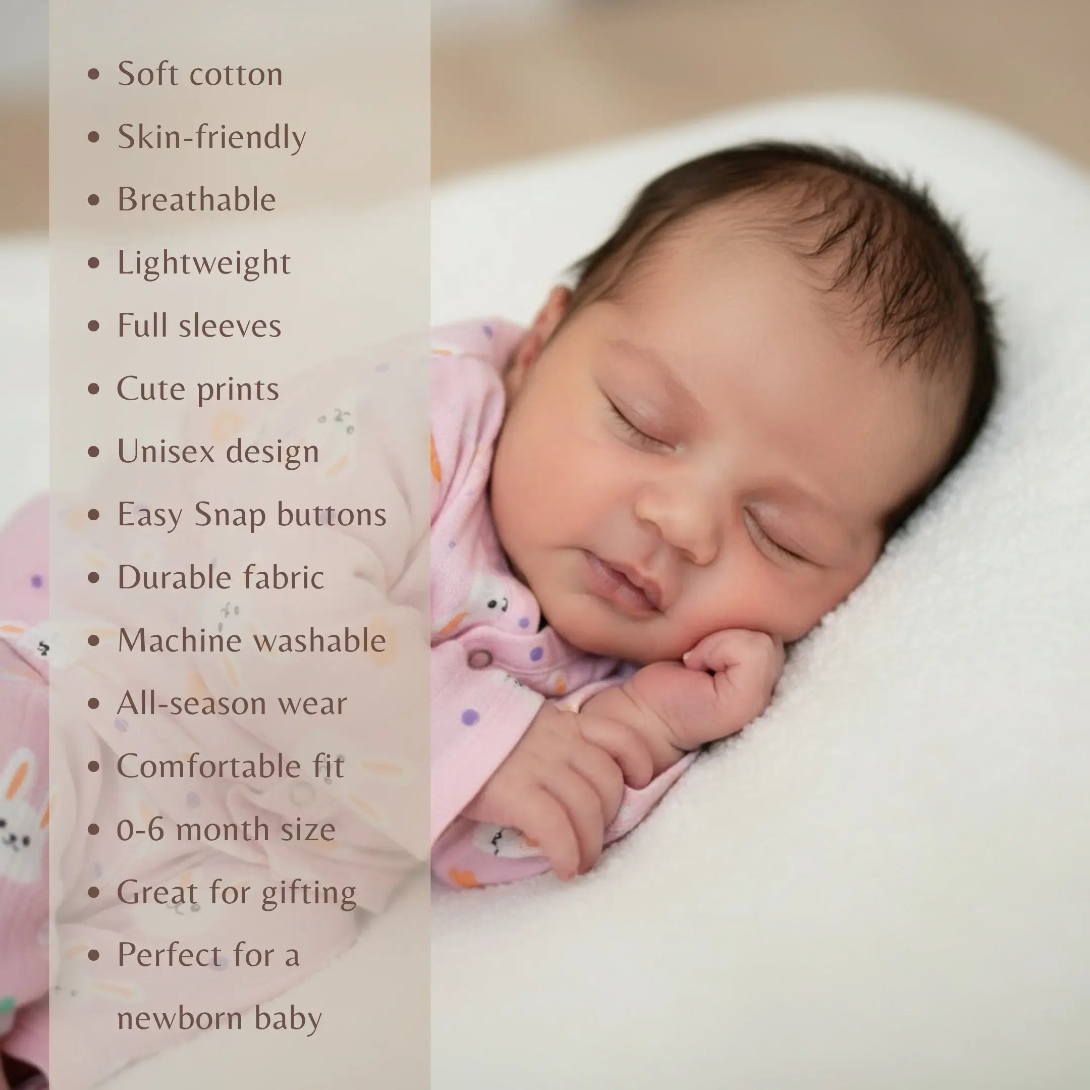 Newborn baby sleeping with product features listed on the left