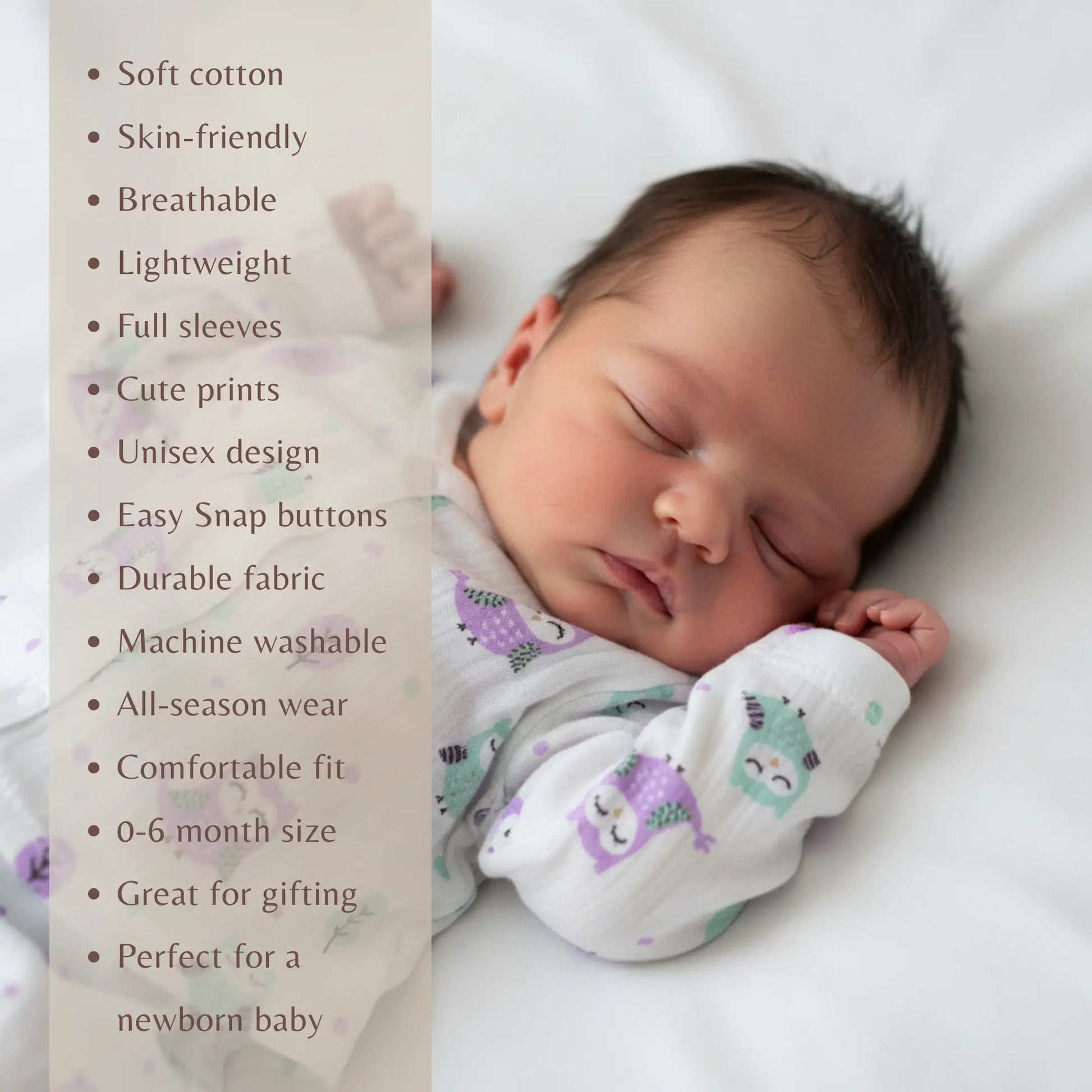Newborn baby wrapped in a soft, breathable outfit with product features listed on the left.