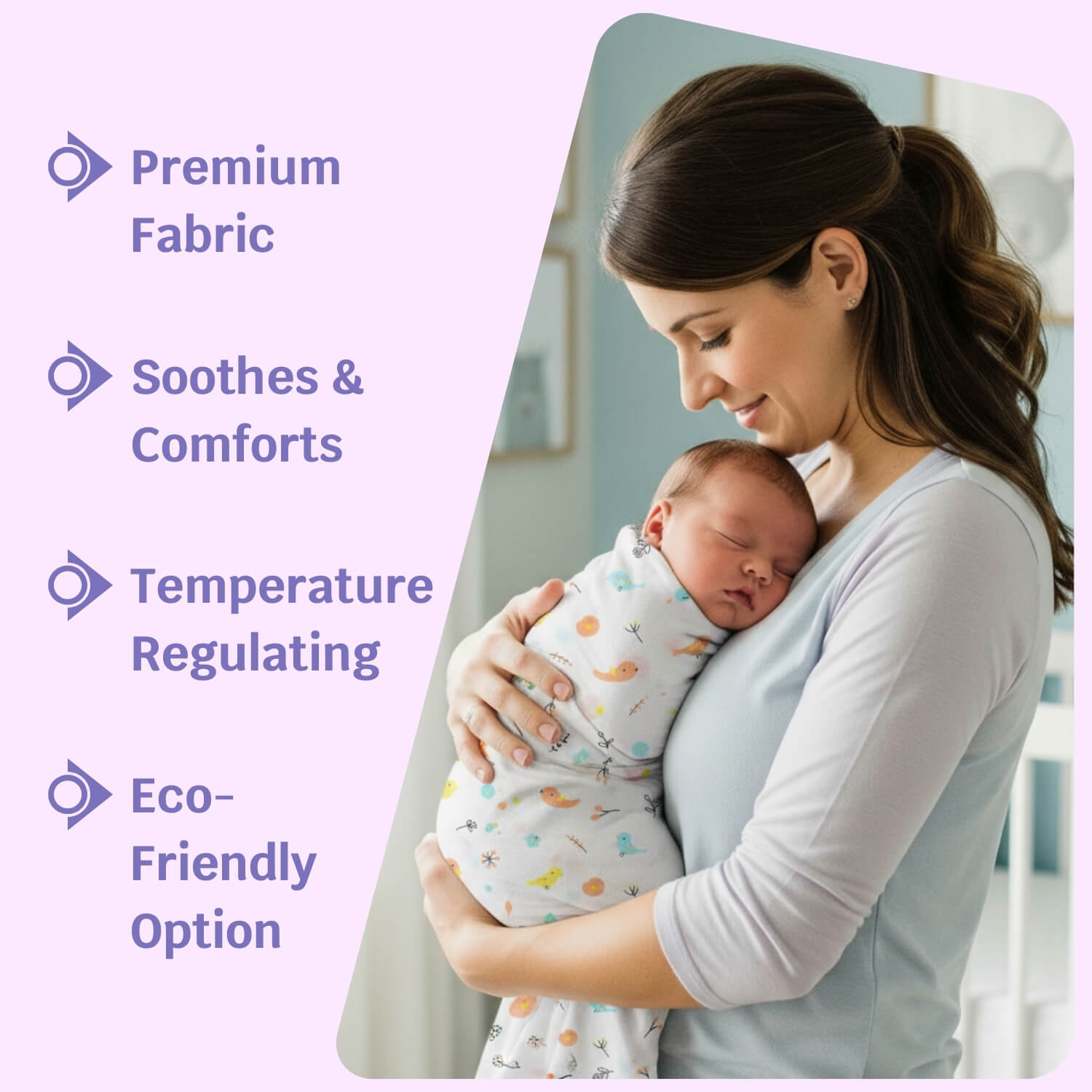 Cutetales Woman holding a baby with product features listed on the left.