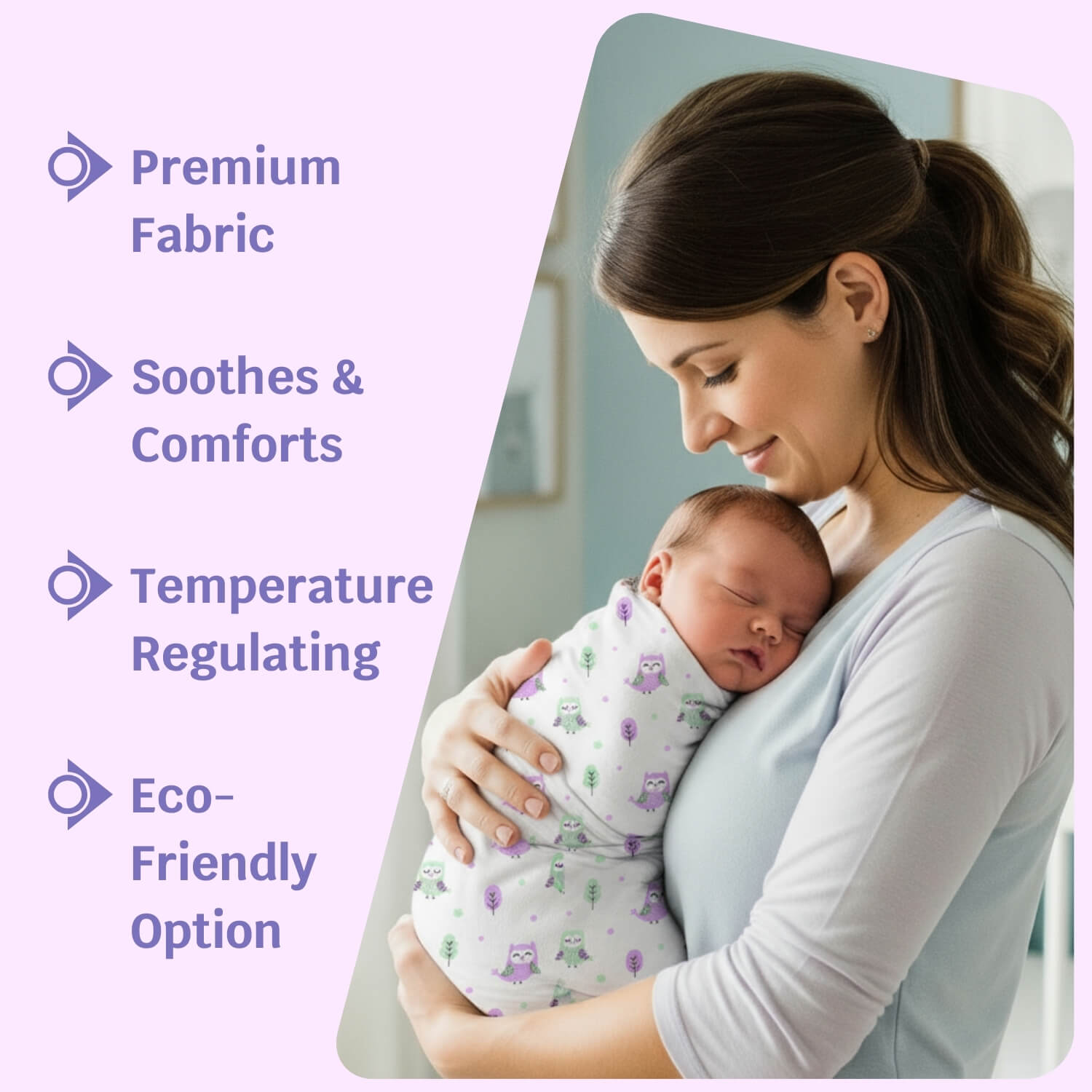 Cutetales Woman holding a baby wrapped in a swaddle with product features listed on the left.