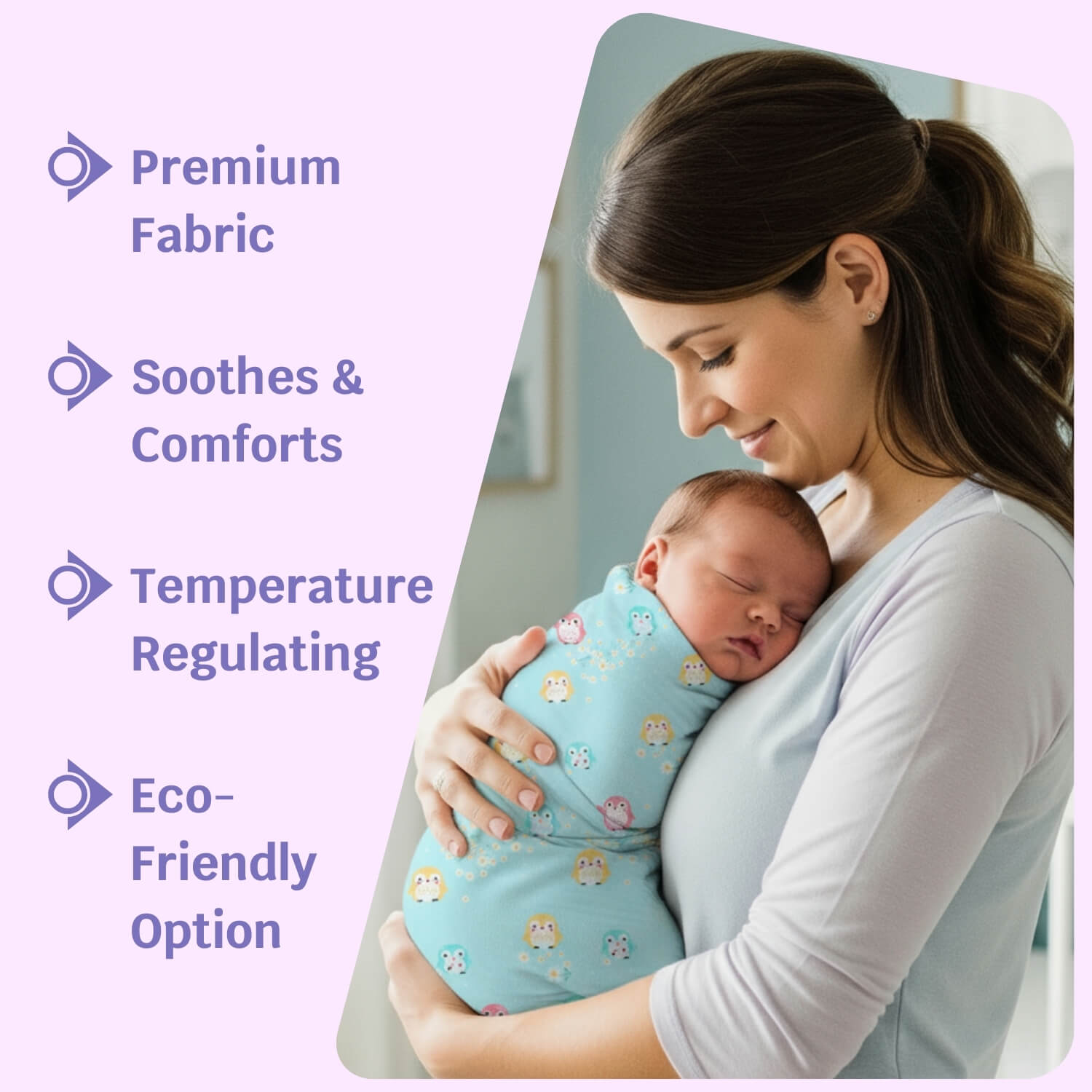 Cutetales Woman holding a baby wrapped in a blue swaddle with text highlighting features on a light purple background