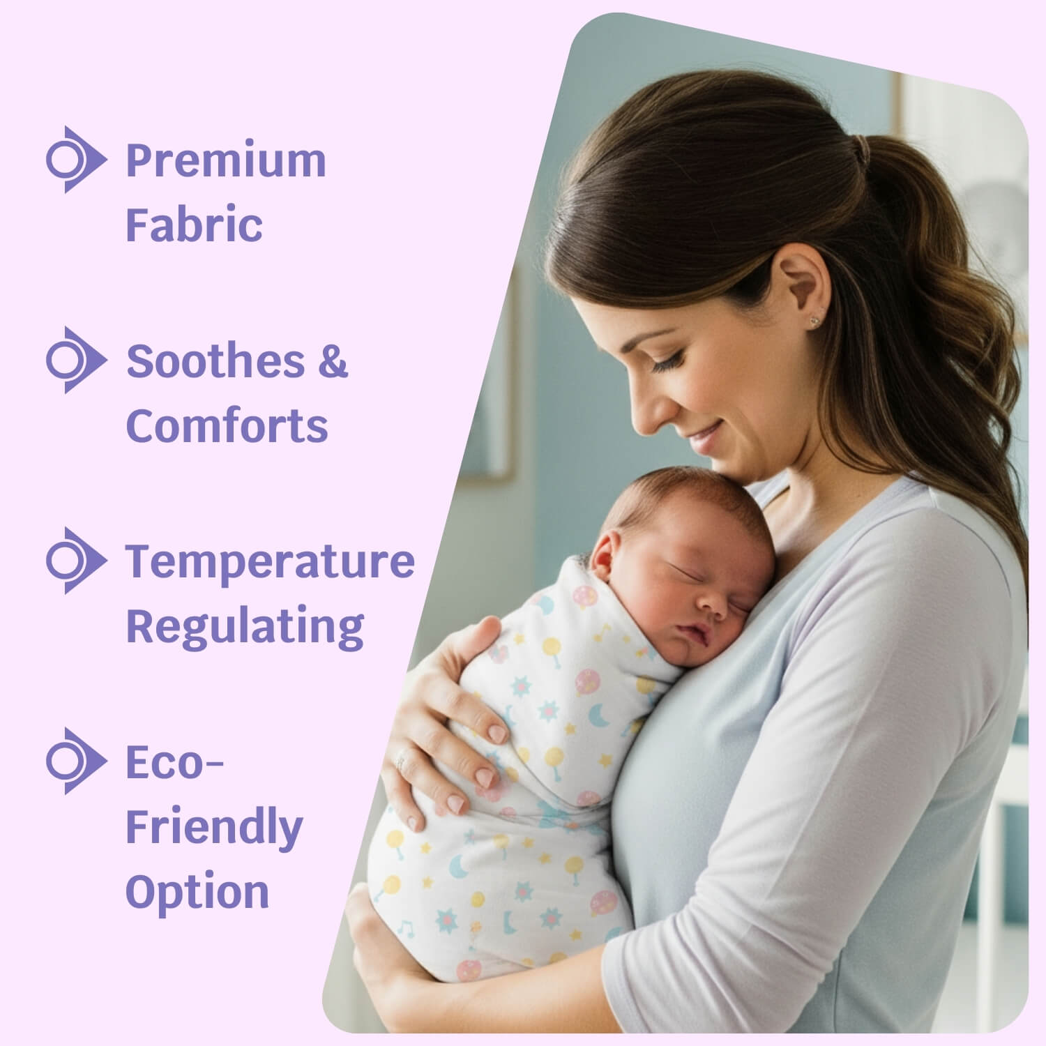 Cutetales Woman holding a baby wrapped in a swaddle with text about product features on a light purple background