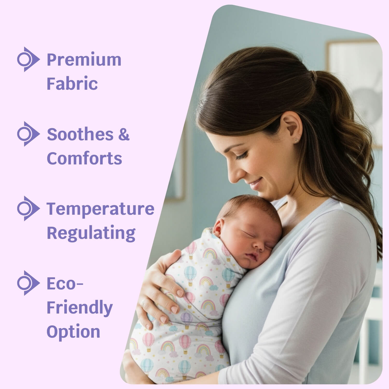 Cutetales Woman holding a baby wrapped in a cloth with text about product features on a light purple background