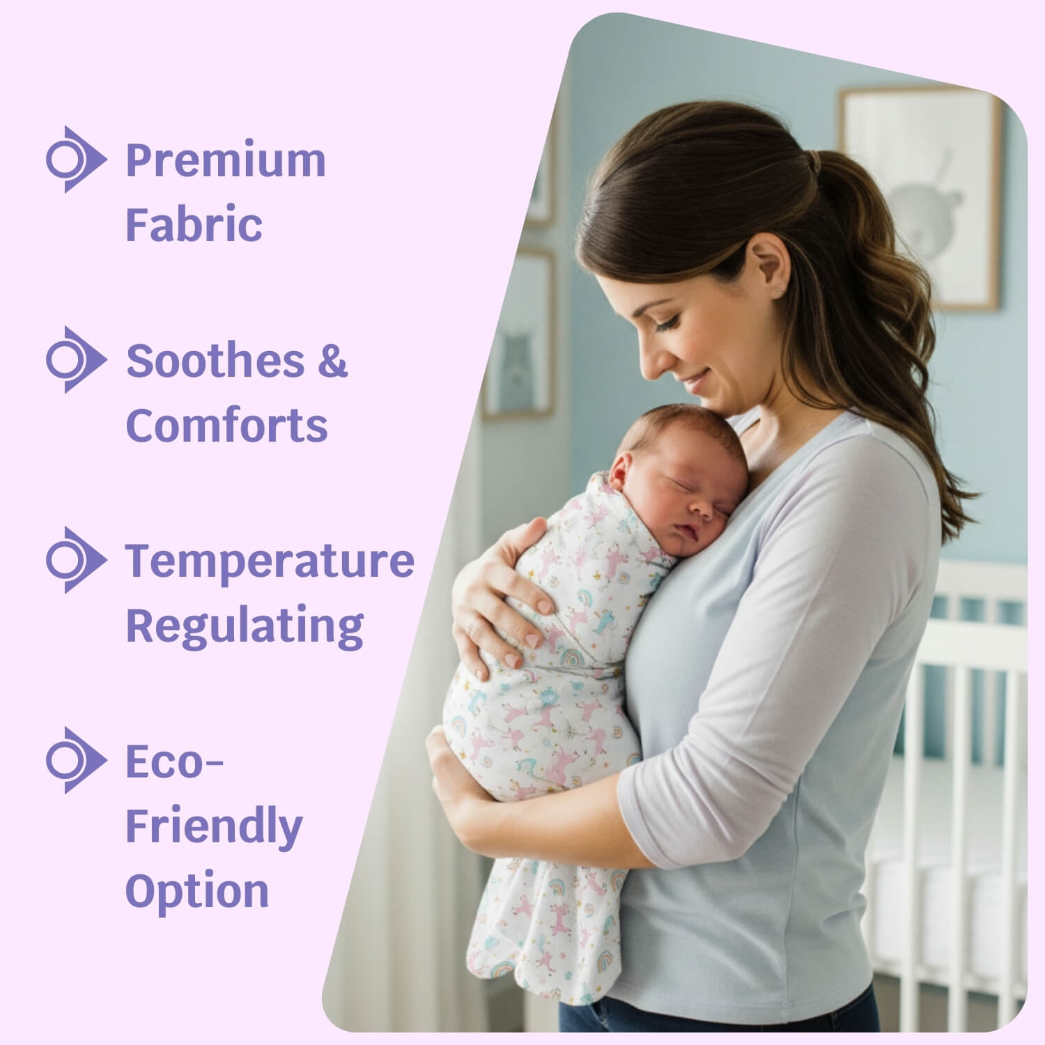 Cutetales Woman holding a baby wrapped in a swaddle with text about product features on a light purple background.