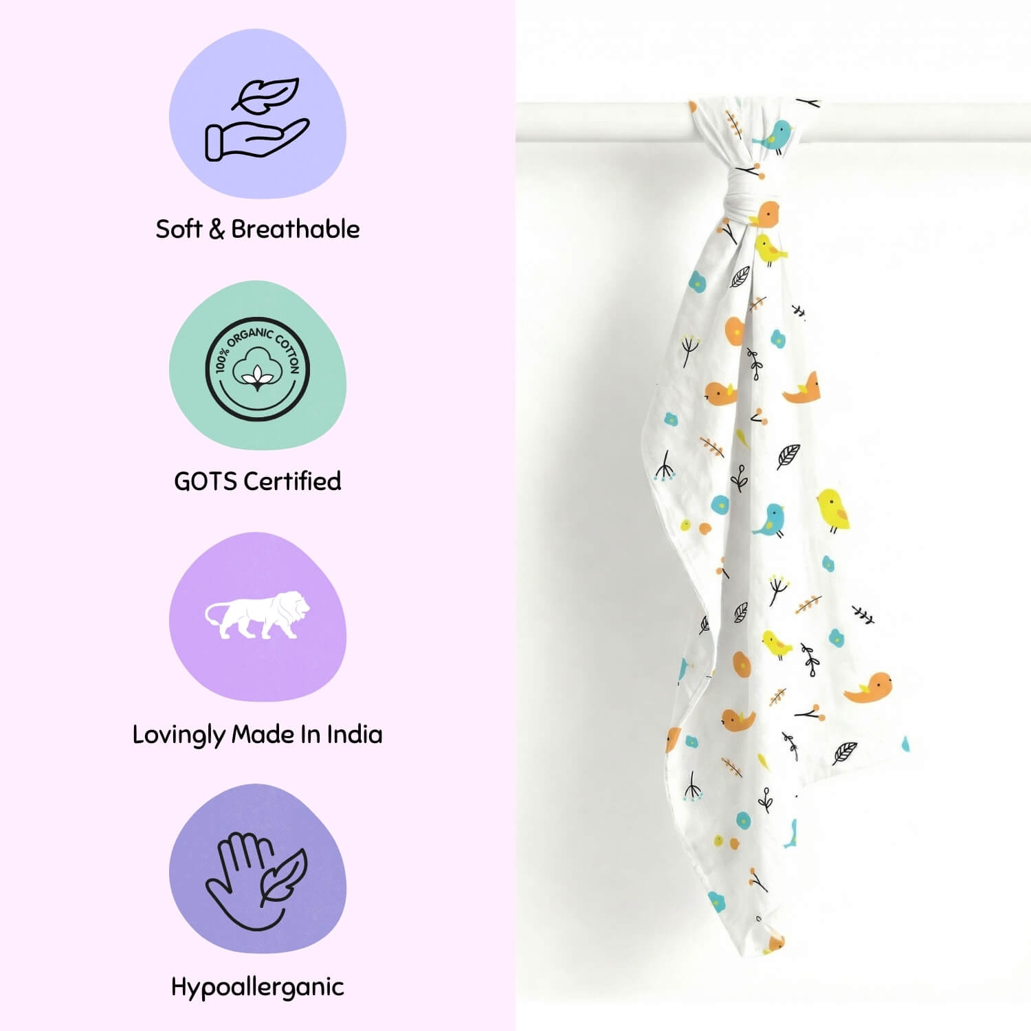 Cutetales Baby wrap with colorful patterns on a white background, featuring certification logos and text.