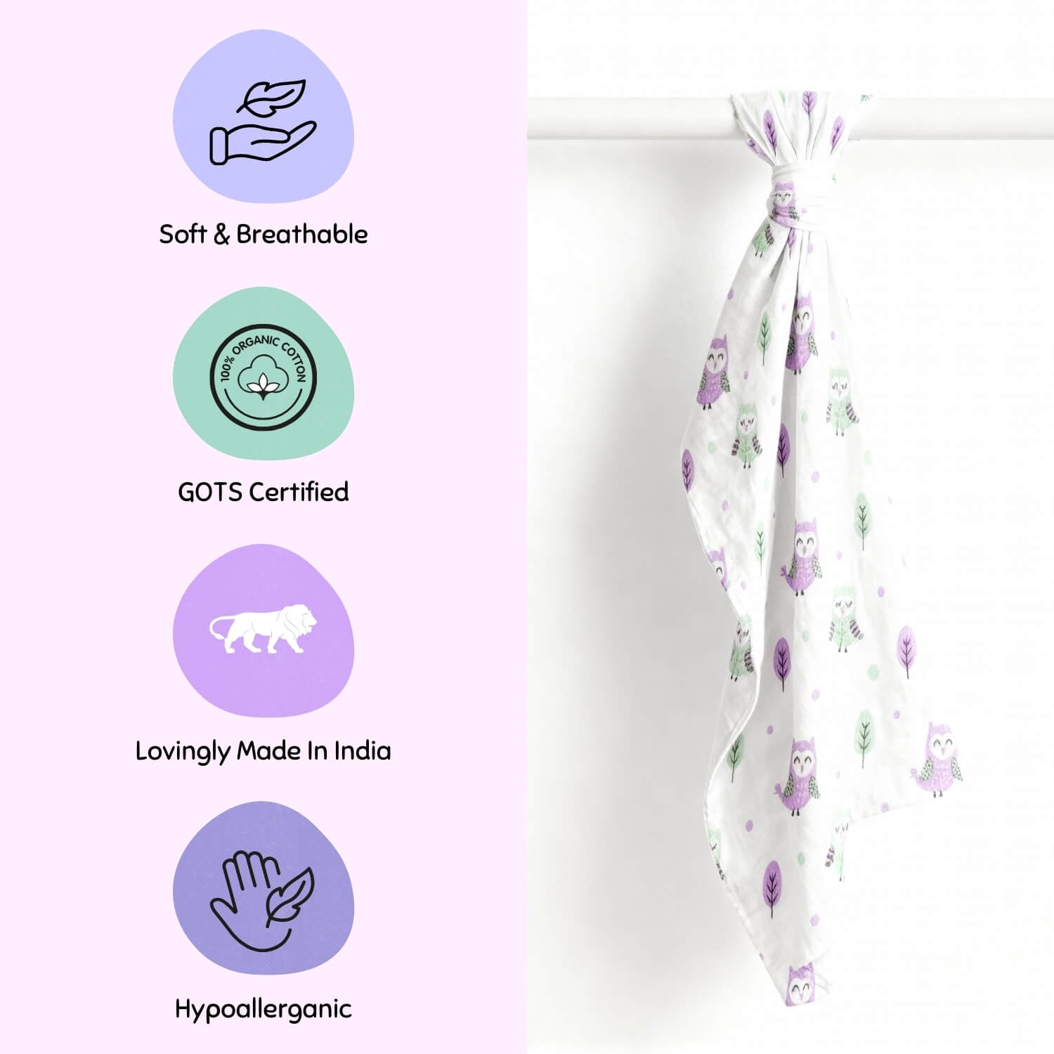Cutetales Baby wrap with floral pattern on a white background, featuring certification icons and text.