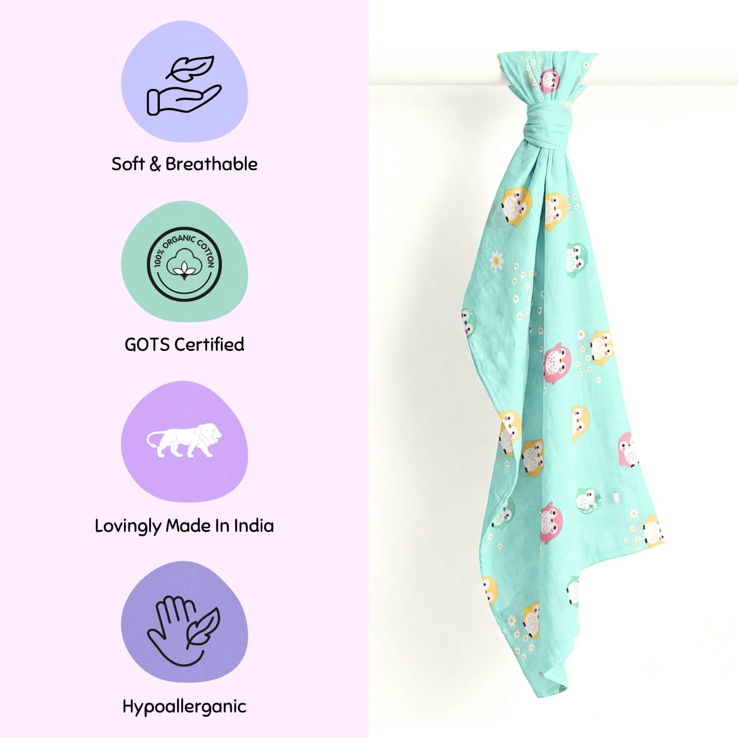 Cutetales Light blue baby wrap with cartoon designs on a white background, featuring certification icons and text.