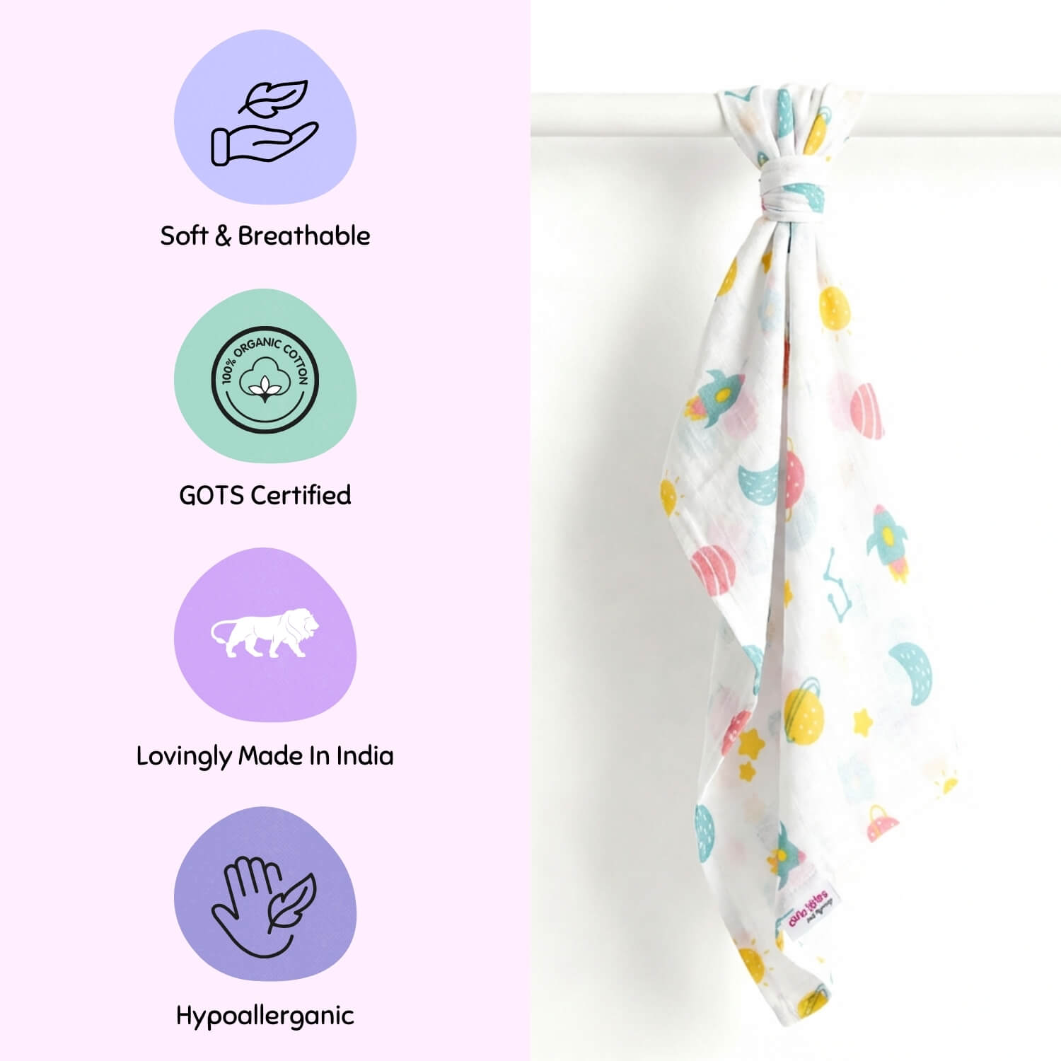 Cutetales Baby wrap with colorful patterns and certification icons on a light purple background