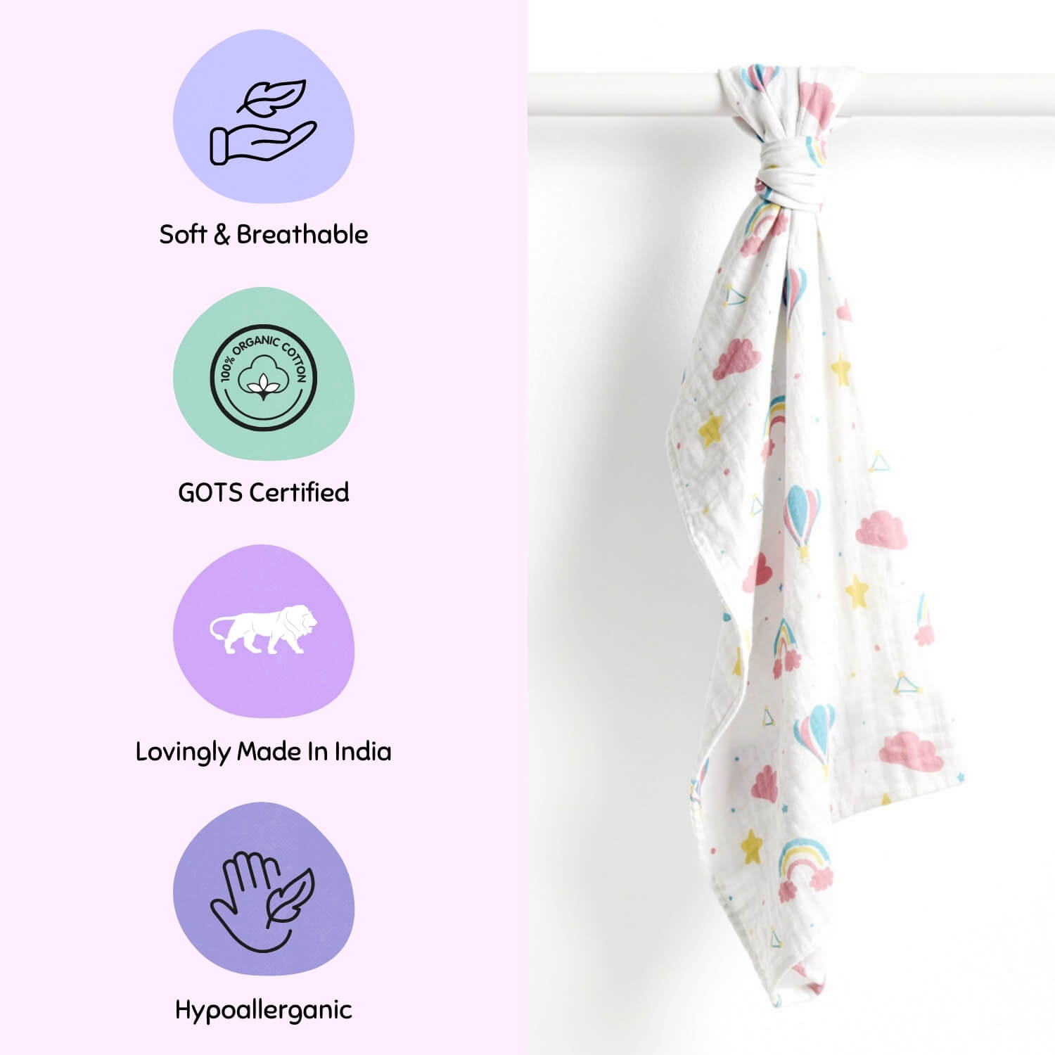 Cutetales Baby blanket with colorful patterns on a white background, featuring certification logos and text.