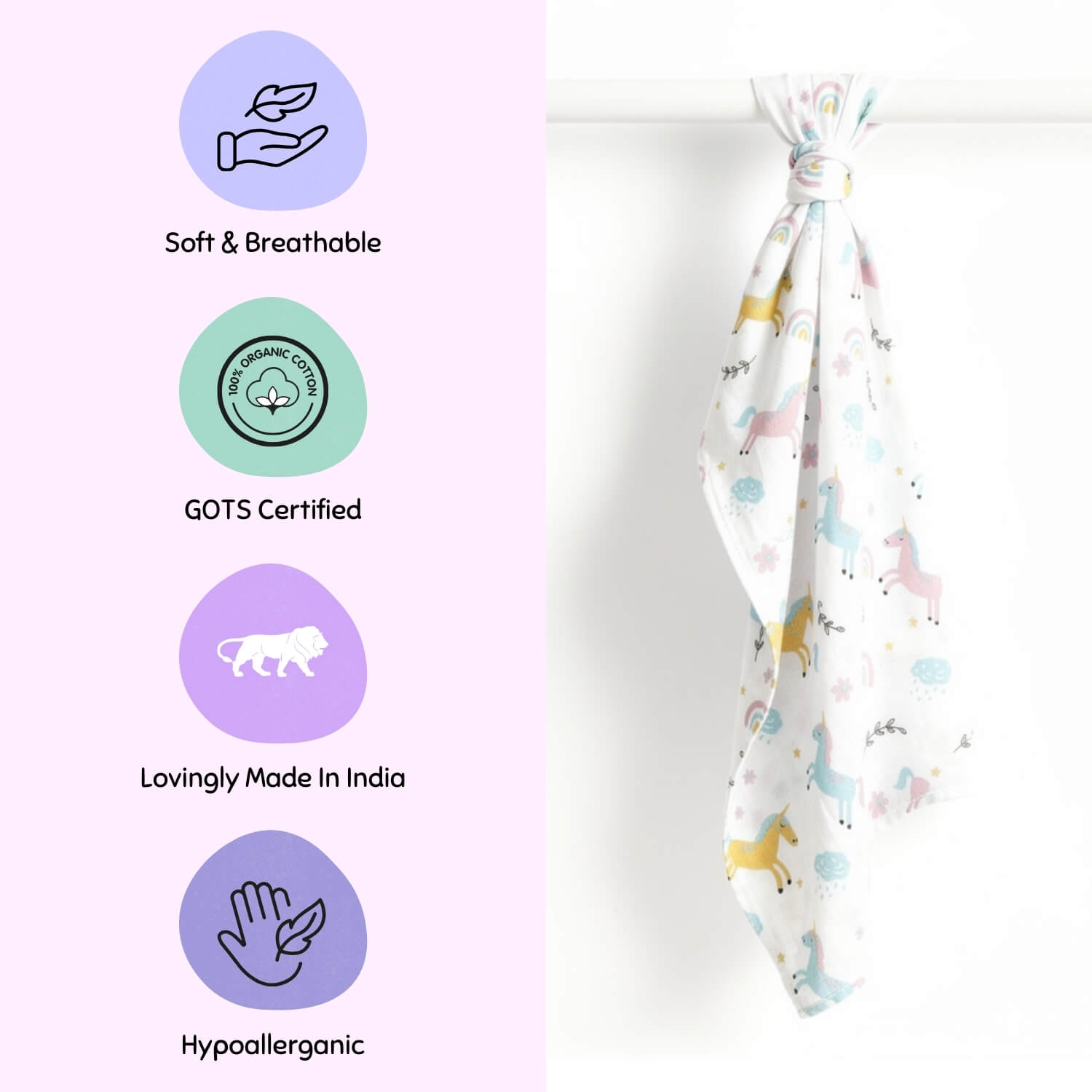 Cutetales Baby wrap with animal pattern and certification icons on a light purple background