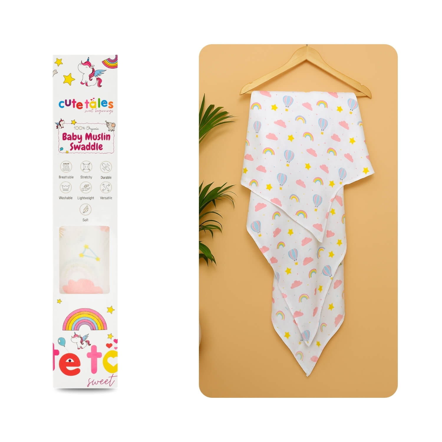 Baby swaddle with rainbow pattern next to its packaging on a beige surface
