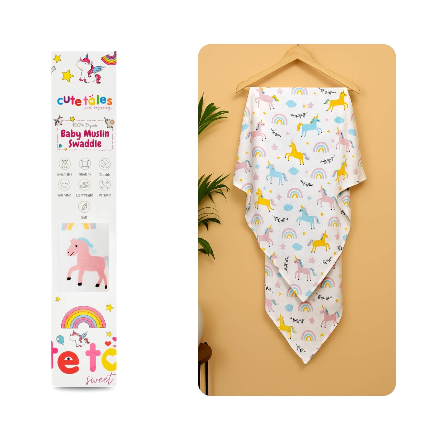 Baby swaddle with unicorn and rainbow pattern next to its packaging on a beige background