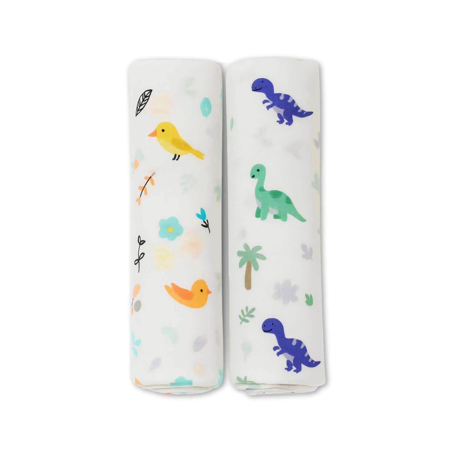 Two baby swaddle blankets with animal and plant patterns on a white background