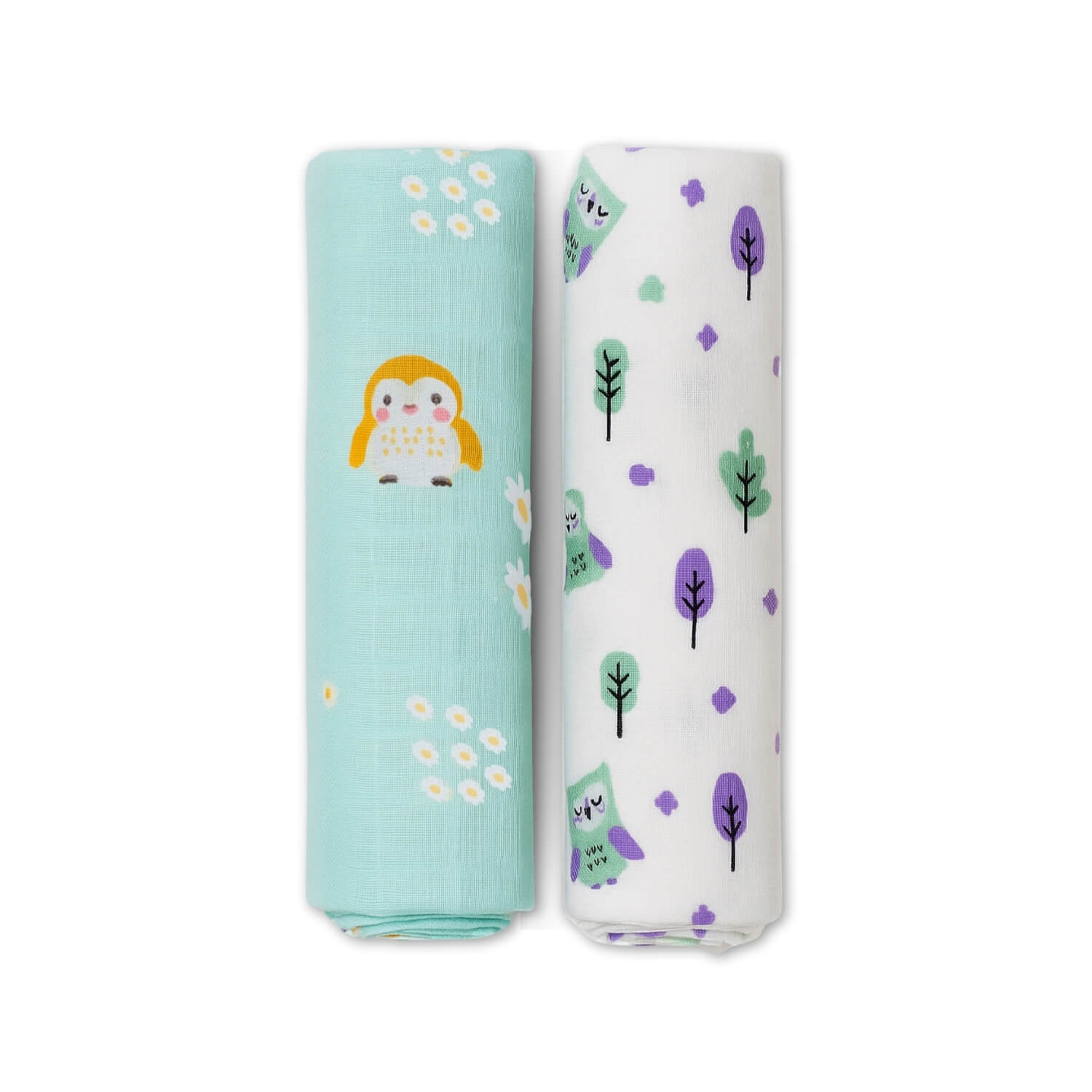 Two rolled-up fabric swaddles with cartoon designs on a white background